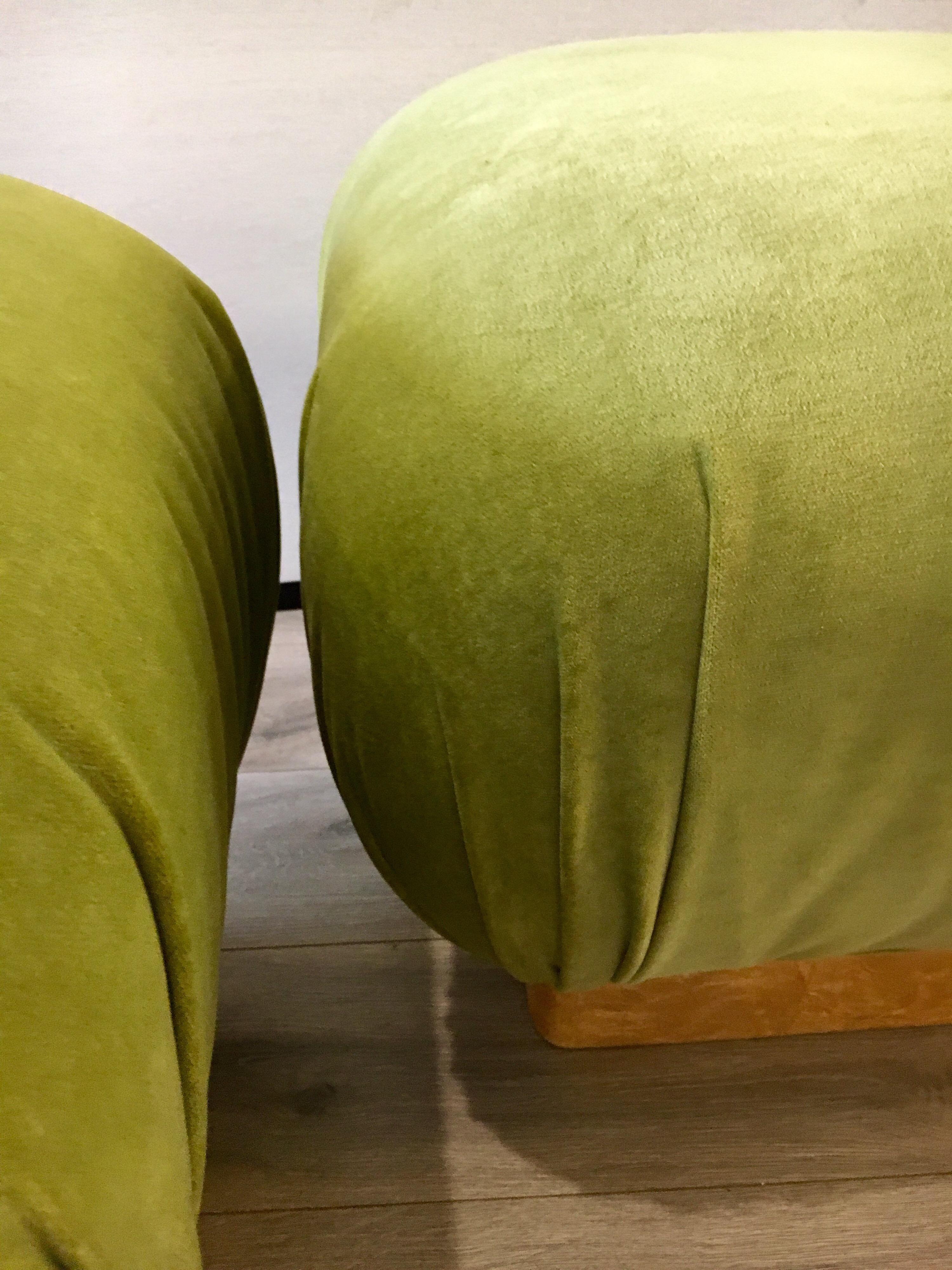 Pair of Matching Midcentury Poufs Stools Ottomans with Brass Band Base 1