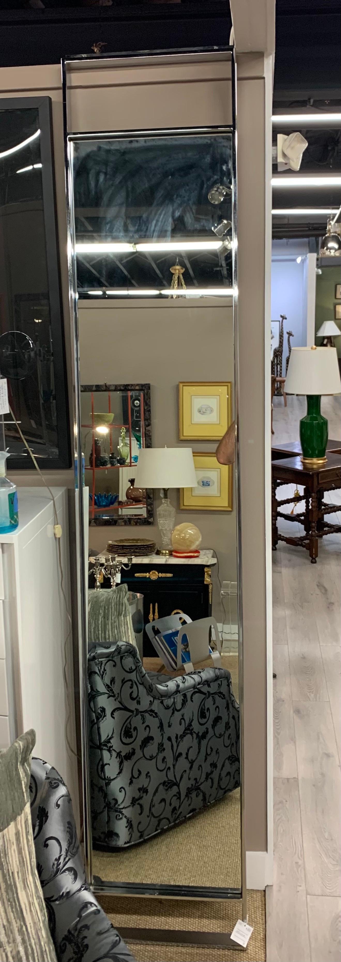 Mid-Century Modern Pair of Matching Mid-Century Thin Full Length Eight Foot Tall Chrome Mirrors