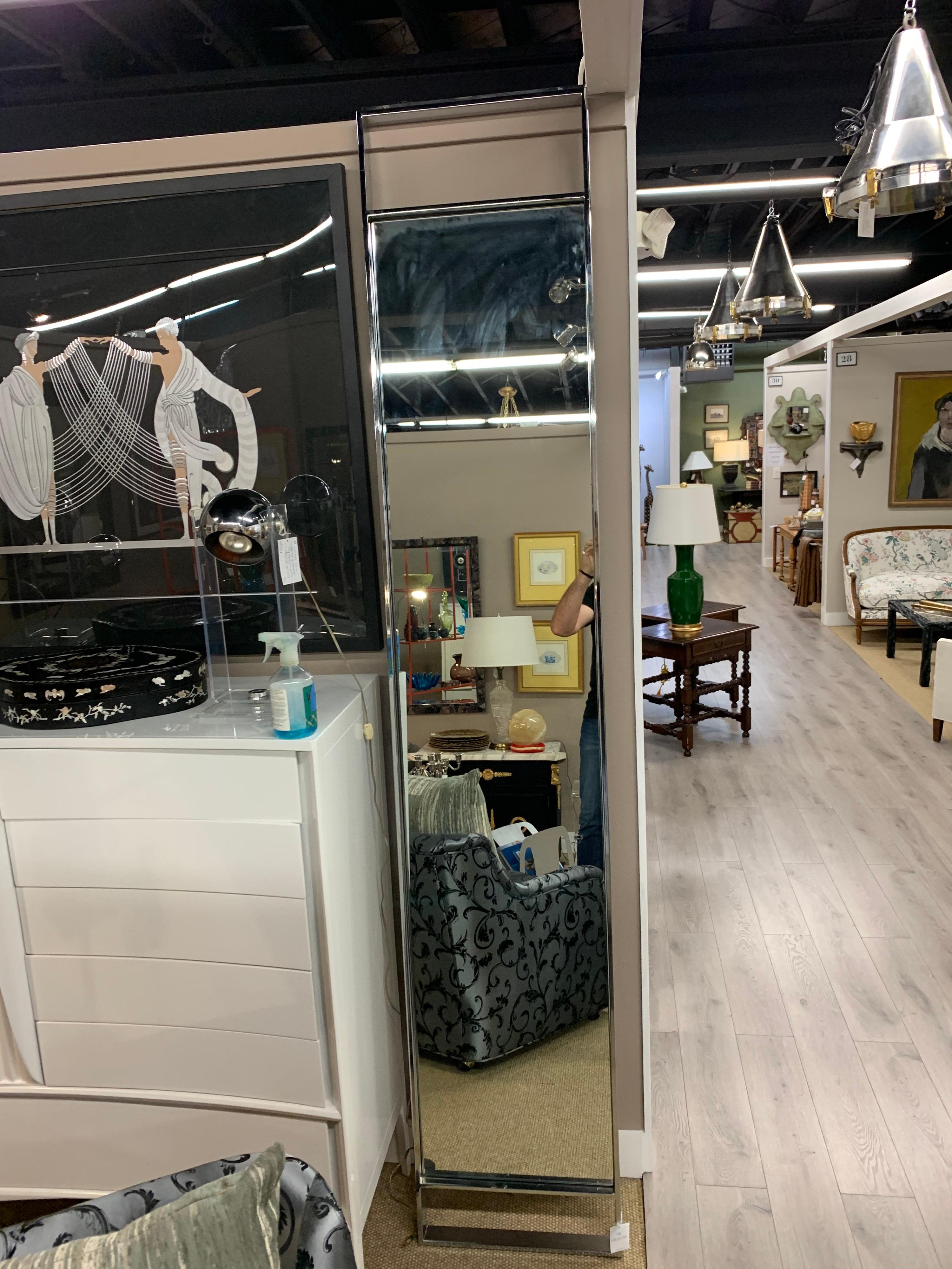 American Pair of Matching Mid-Century Thin Full Length Eight Foot Tall Chrome Mirrors