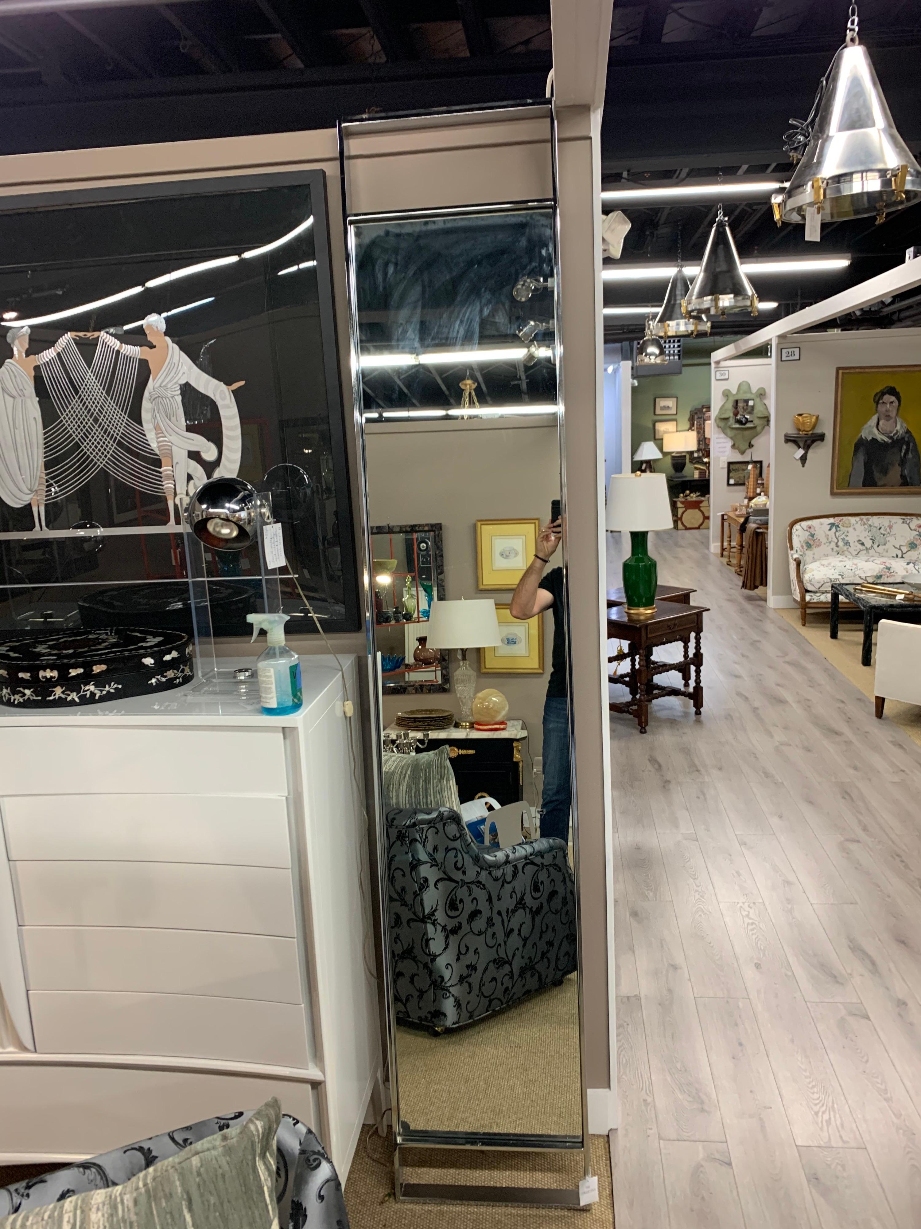 Pair of Matching Mid-Century Thin Full Length Eight Foot Tall Chrome Mirrors In Good Condition In West Hartford, CT