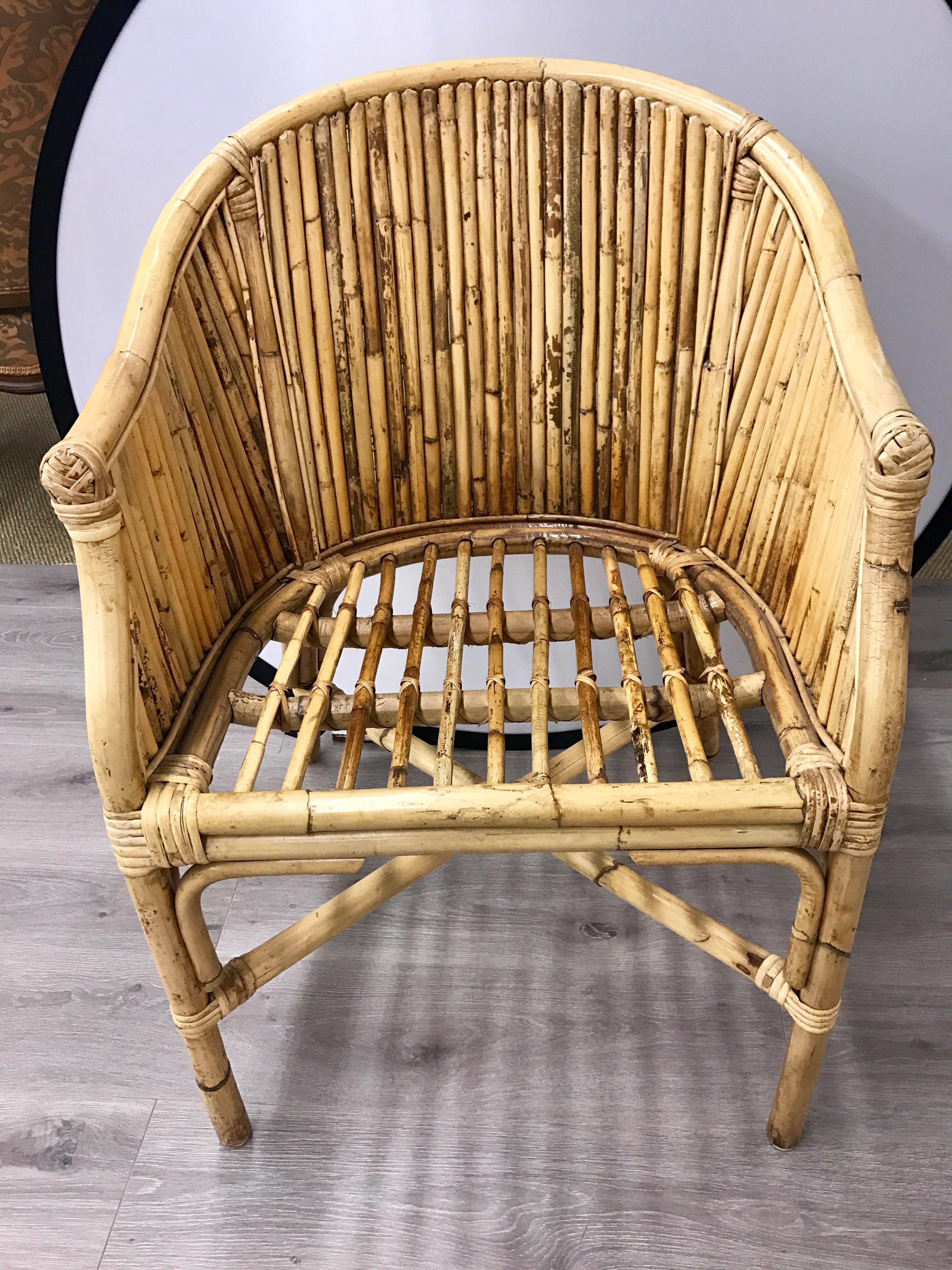 Mid-Century Modern Pair of Matching Midcentury Bamboo Rattan Barrel Back Armchairs