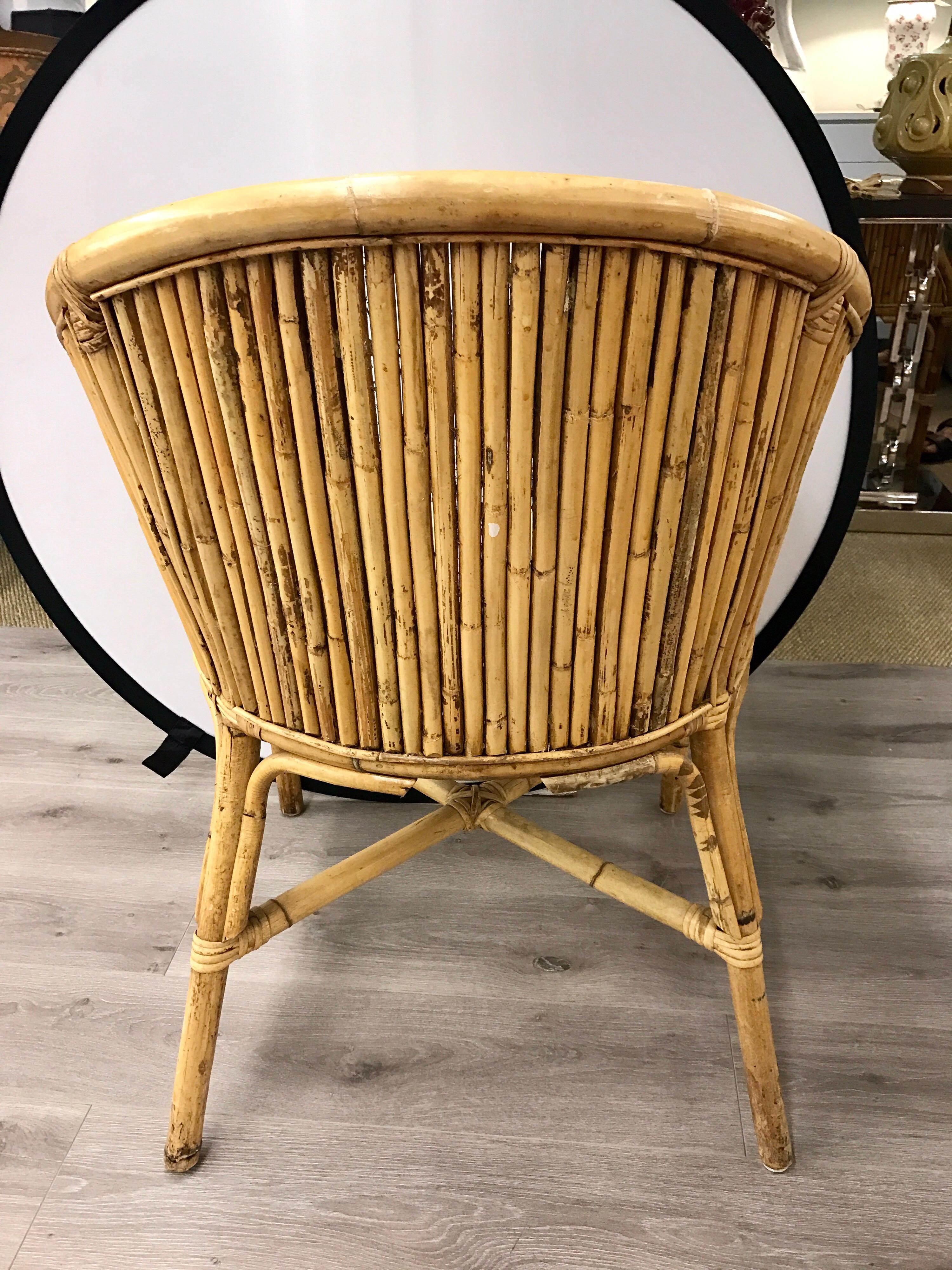 Late 20th Century Pair of Matching Midcentury Bamboo Rattan Barrel Back Armchairs