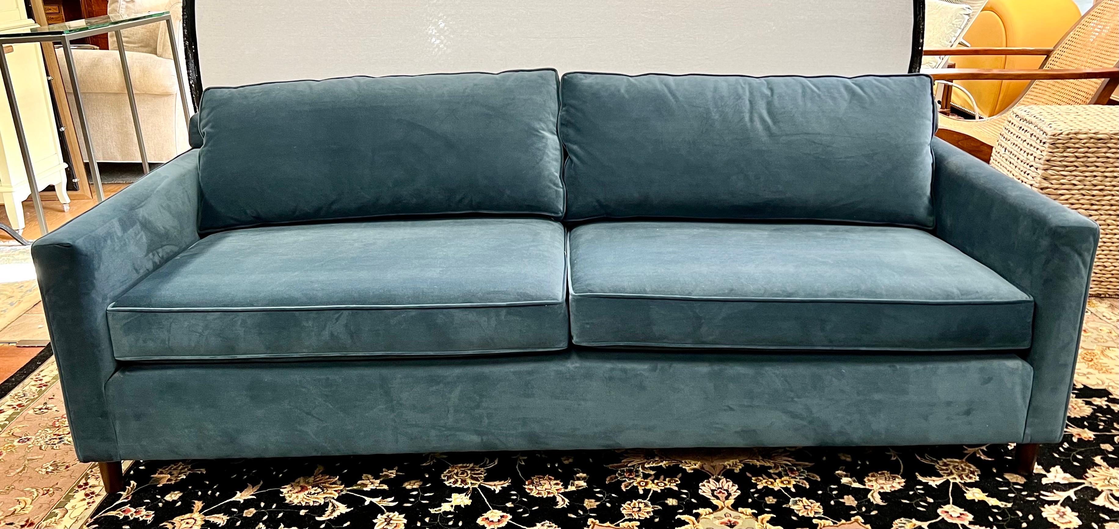 Elegant matching pair of blue velvet sofas by Mitchell Gold.  Features eight way hand tied construction, gorgeous velvet fabric and an incredible shade of blue.
Why not own the best?