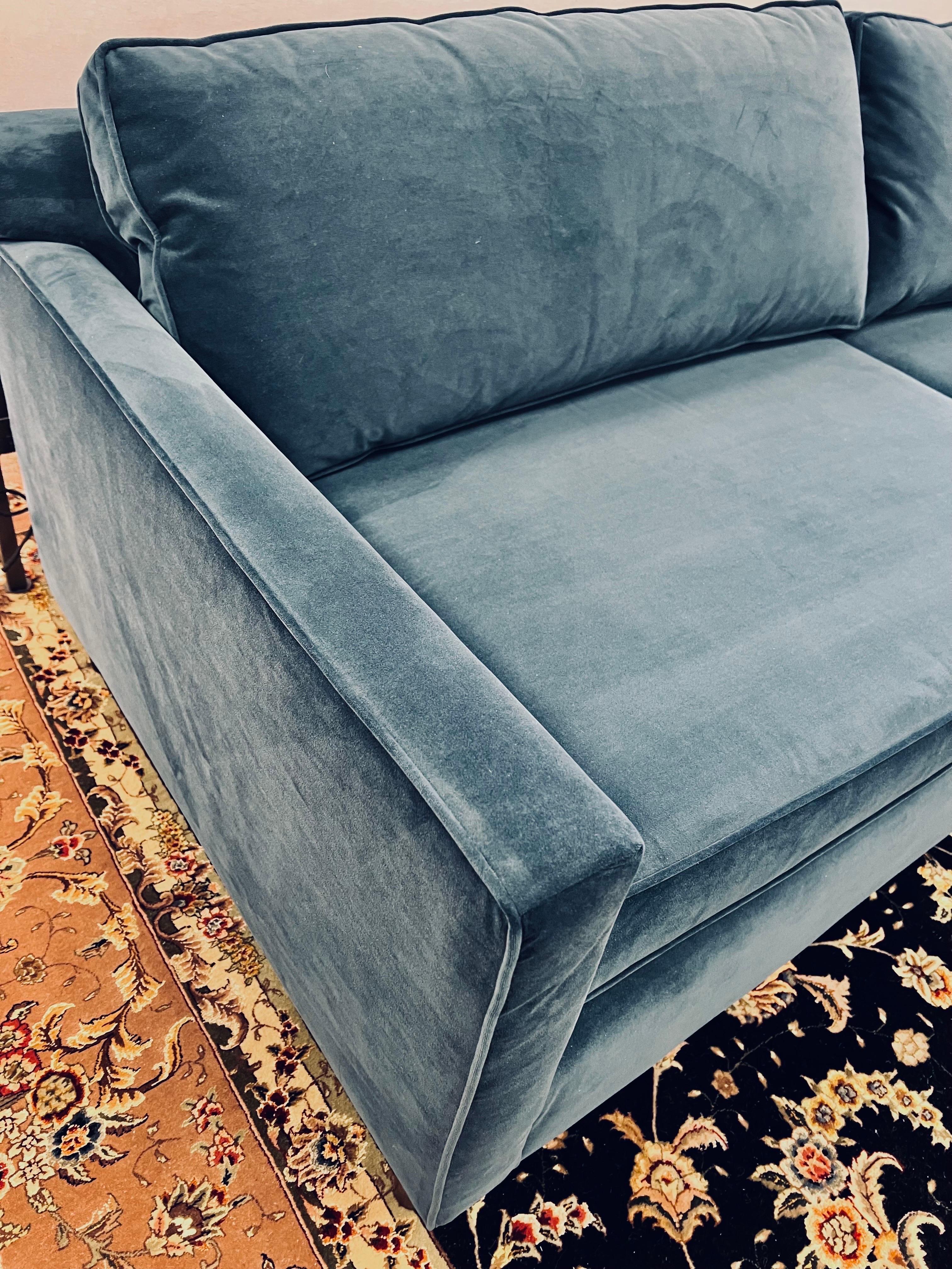Pair of Matching Mitchell Gold Blue Velvet Sofas In Good Condition In West Hartford, CT