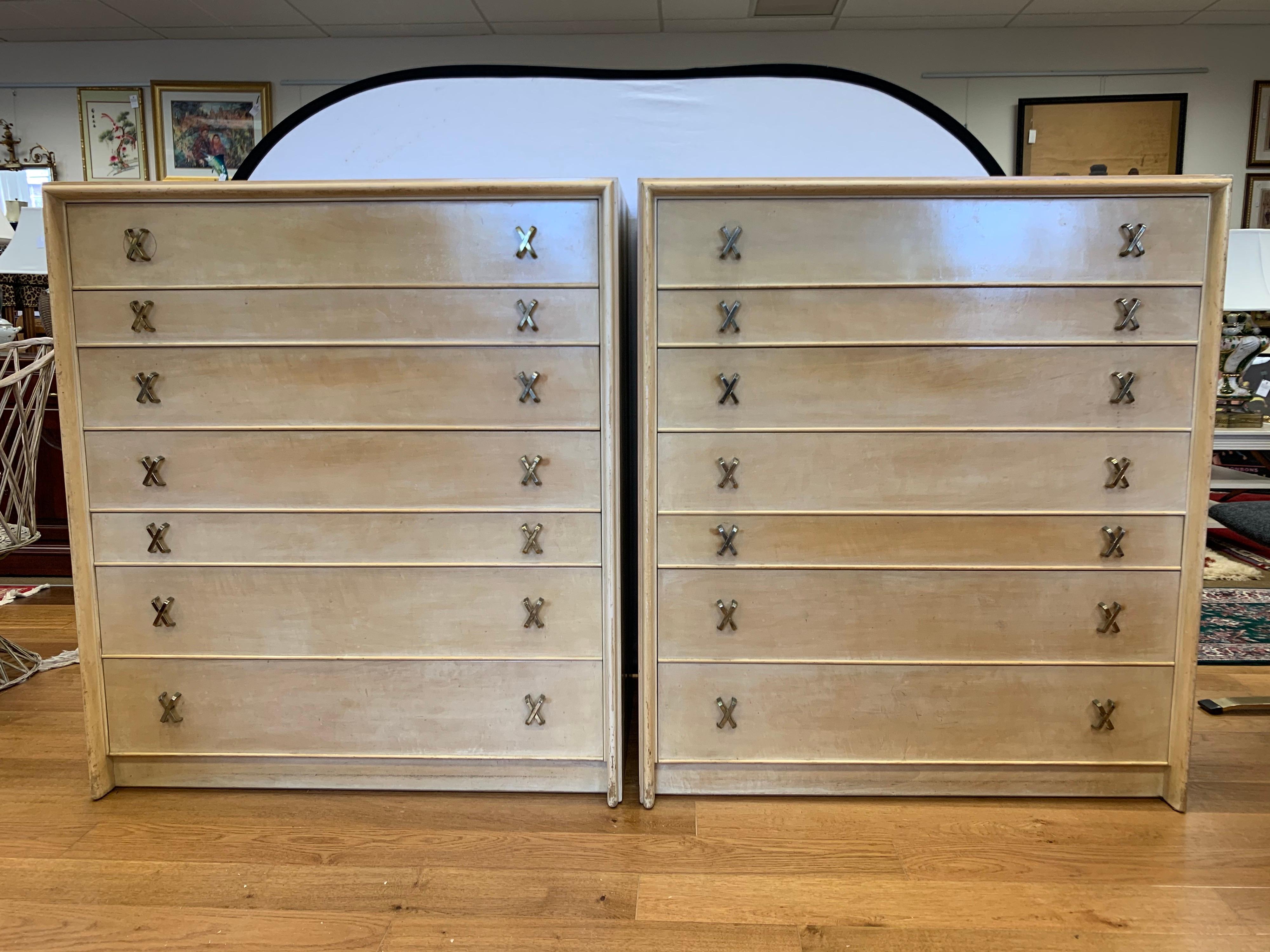 This matching pair of sophisticated high chests were designed by Paul Frankl for the Johnson Furniture Company, circa late 1940s-early 1950s. The coveted Johnson hallmark is incised inside both. The set is a prime example of Frankl's midcentury
