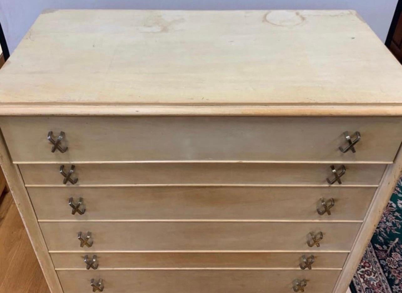 Pair of Matching Paul Frankl Tall Dressers High Chest of Drawers with X-Pulls In Fair Condition In West Hartford, CT