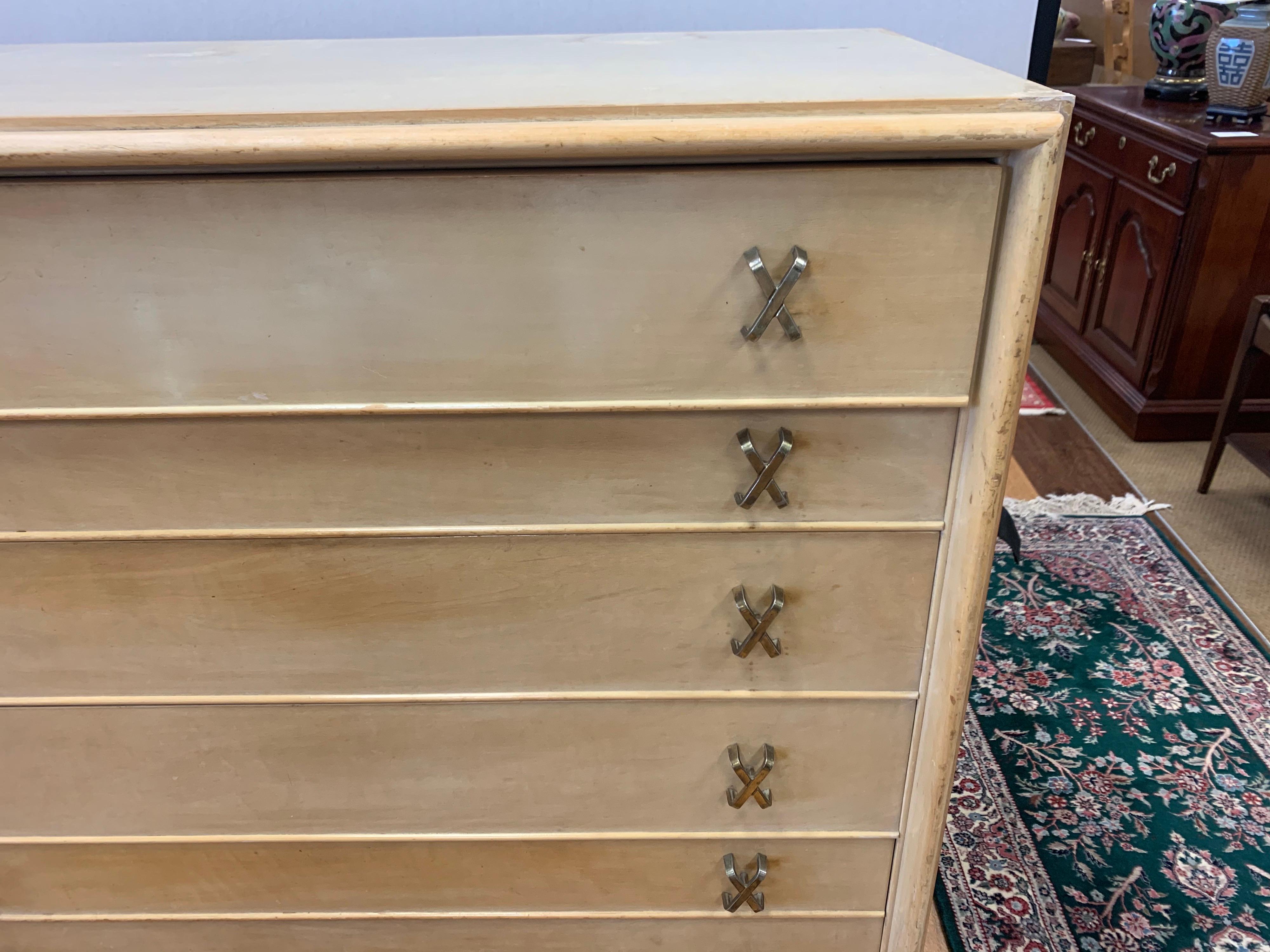 Pair of Matching Paul Frankl Tall Dressers High Chest of Drawers with X-Pulls In Fair Condition In West Hartford, CT