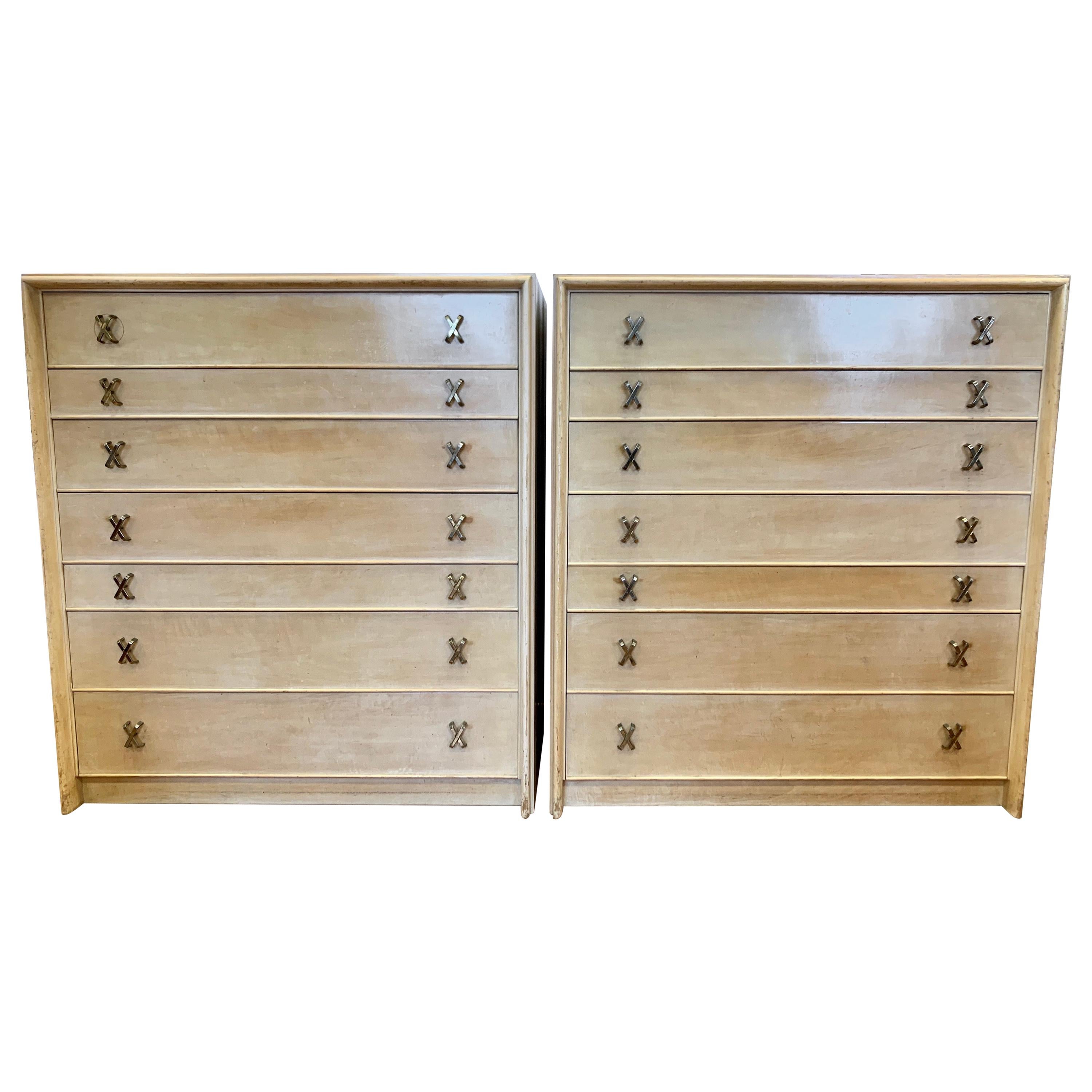 Pair of Matching Paul Frankl Tall Dressers High Chest of Drawers with X-Pulls