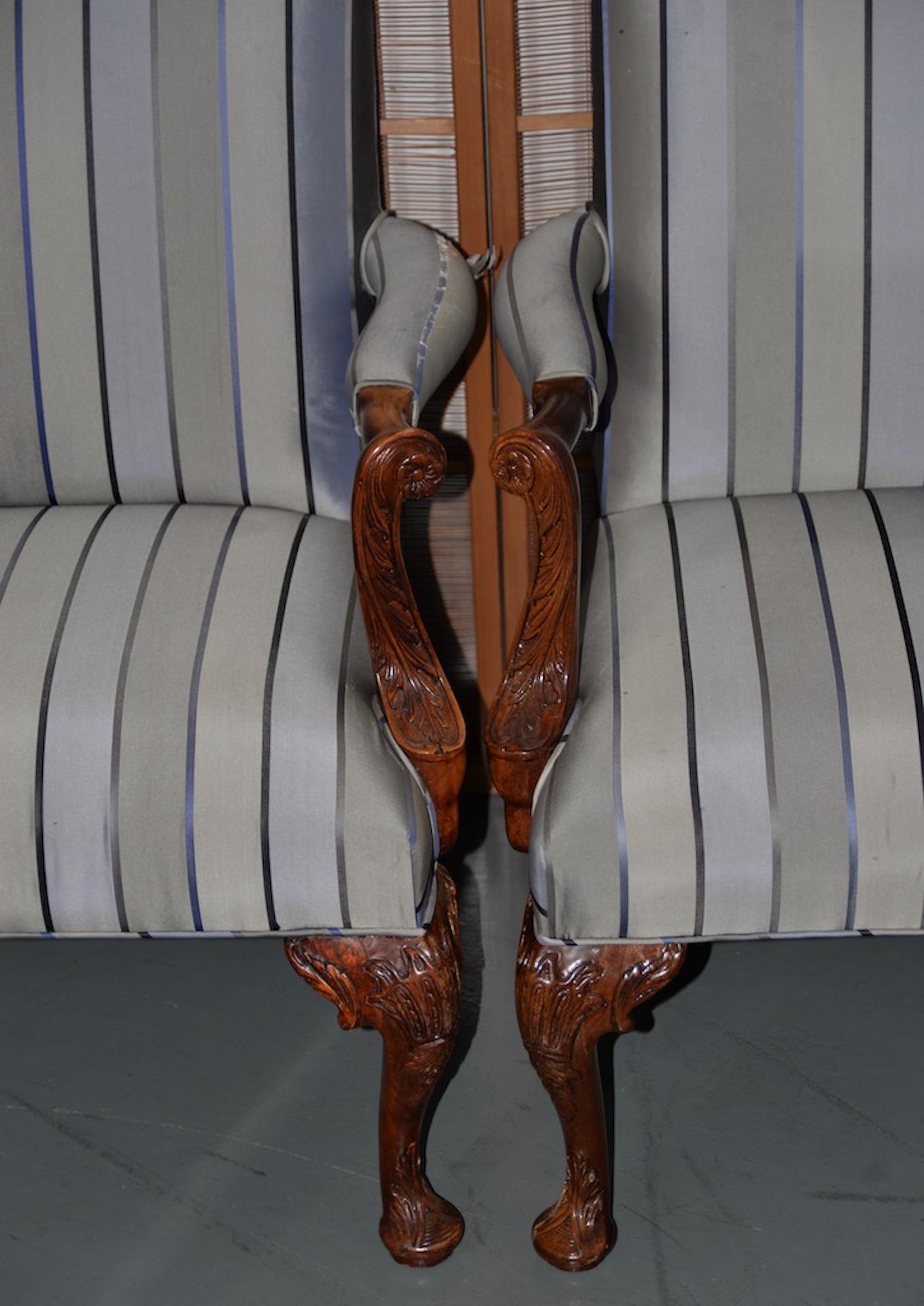 Pair of matching Ralph Lauren carved mahogany and upholstered armchairs

Fine pair of vintage Ralph Lauren chairs. The frames are hand carved from solid mahogany. The current upholstery is Fine silk. The silk is distressed in places. These are