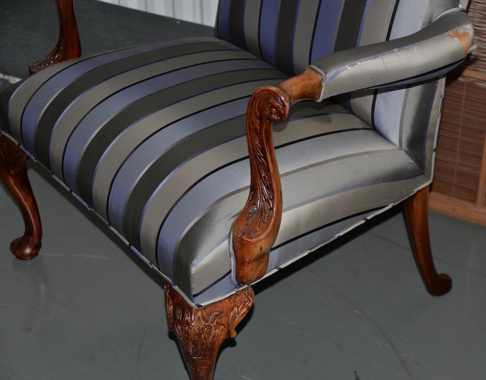 20th Century Pair of Matching Ralph Lauren Carved Mahogany and Upholstered Armchairs