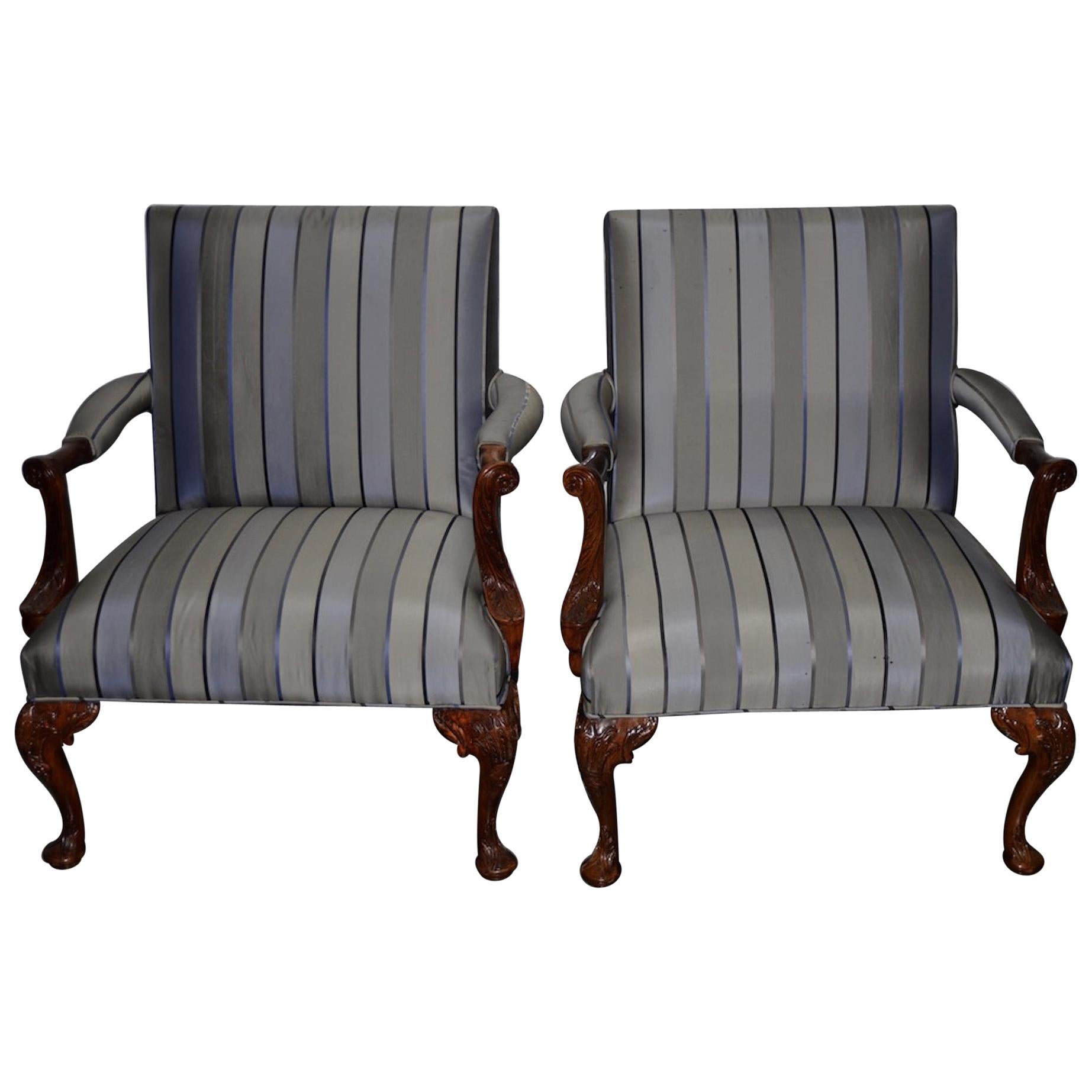 Pair of Matching Ralph Lauren Carved Mahogany and Upholstered Armchairs