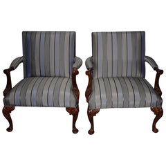 Pair of Matching Ralph Lauren Carved Mahogany and Upholstered Armchairs