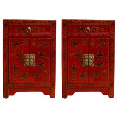 Pair of Matching Red Lacquered Bedside Tables / Cabinets with Drawers