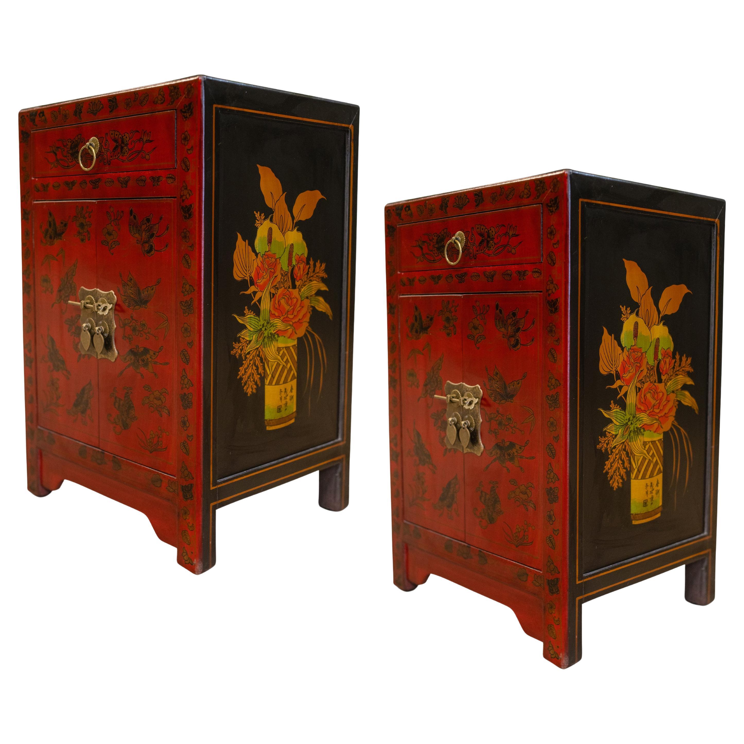 Pair of Matching Red Lacquered Bedside Tables / Cabinets with Drawers