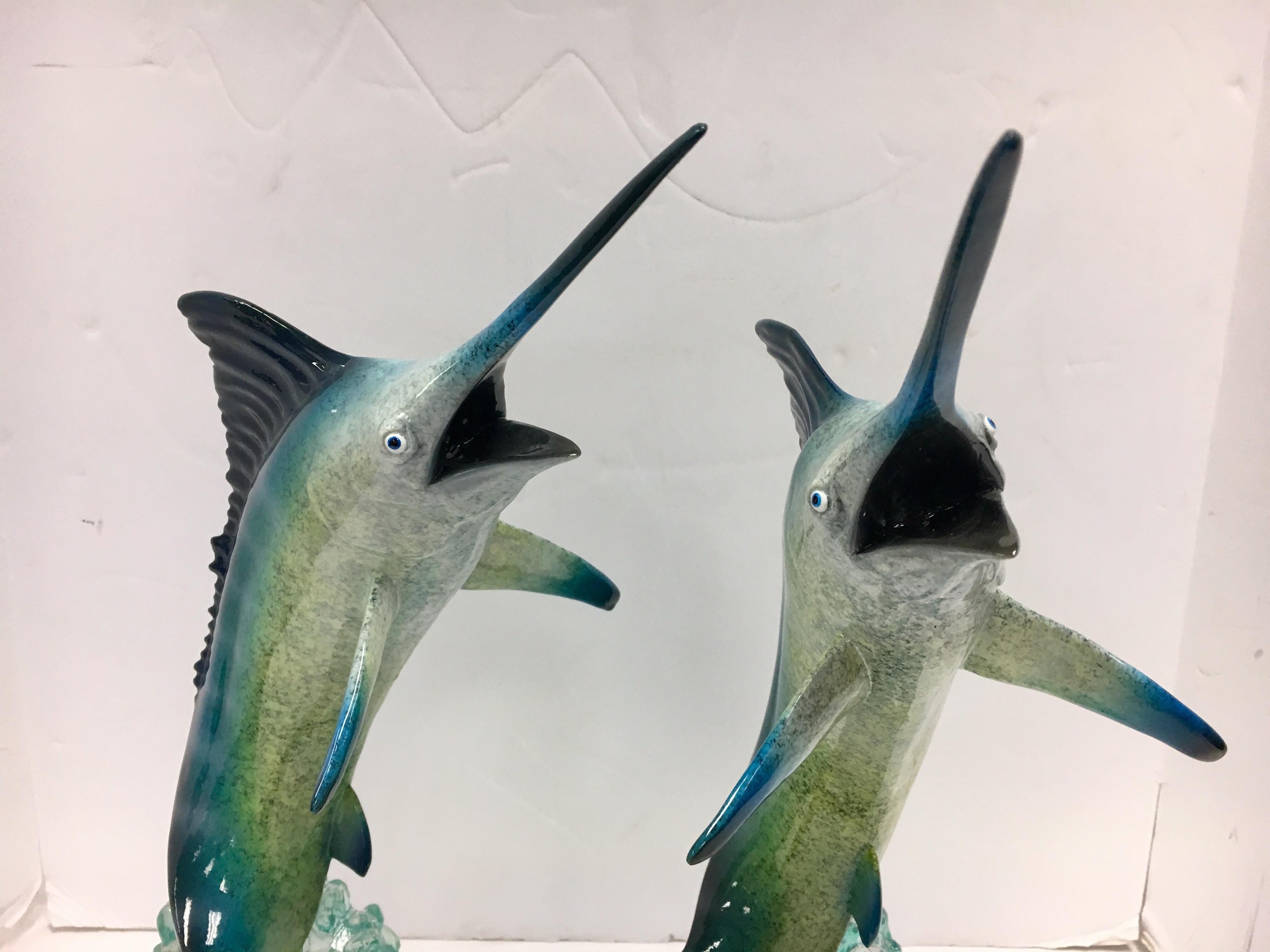 Pair of Matching Robert Wyland Lucite Marlin Sailfish Fish Sculptures 2