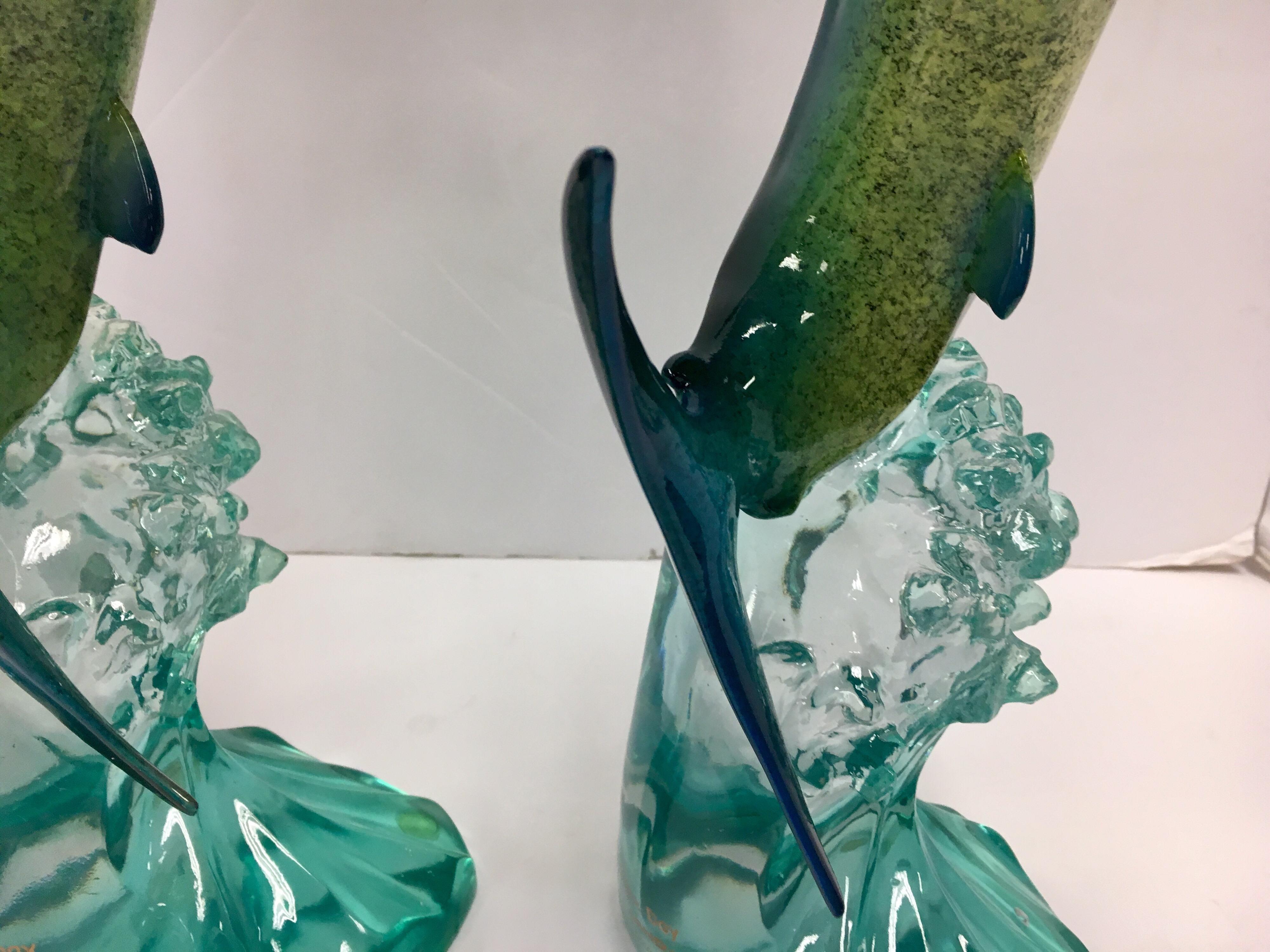 Pair of Matching Robert Wyland Lucite Marlin Sailfish Fish Sculptures 3