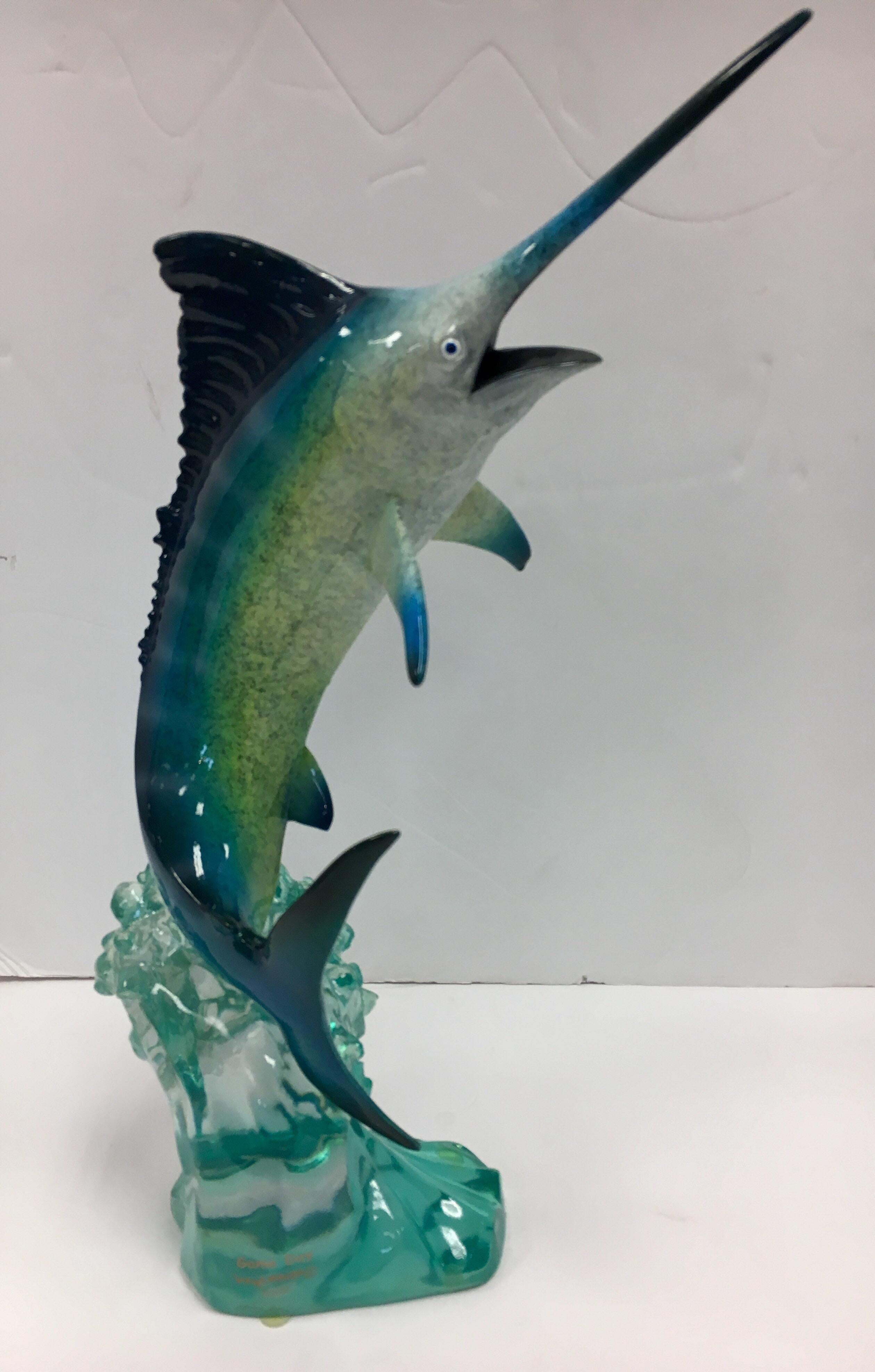 Pair of Matching Robert Wyland Lucite Marlin Sailfish Fish Sculptures 4