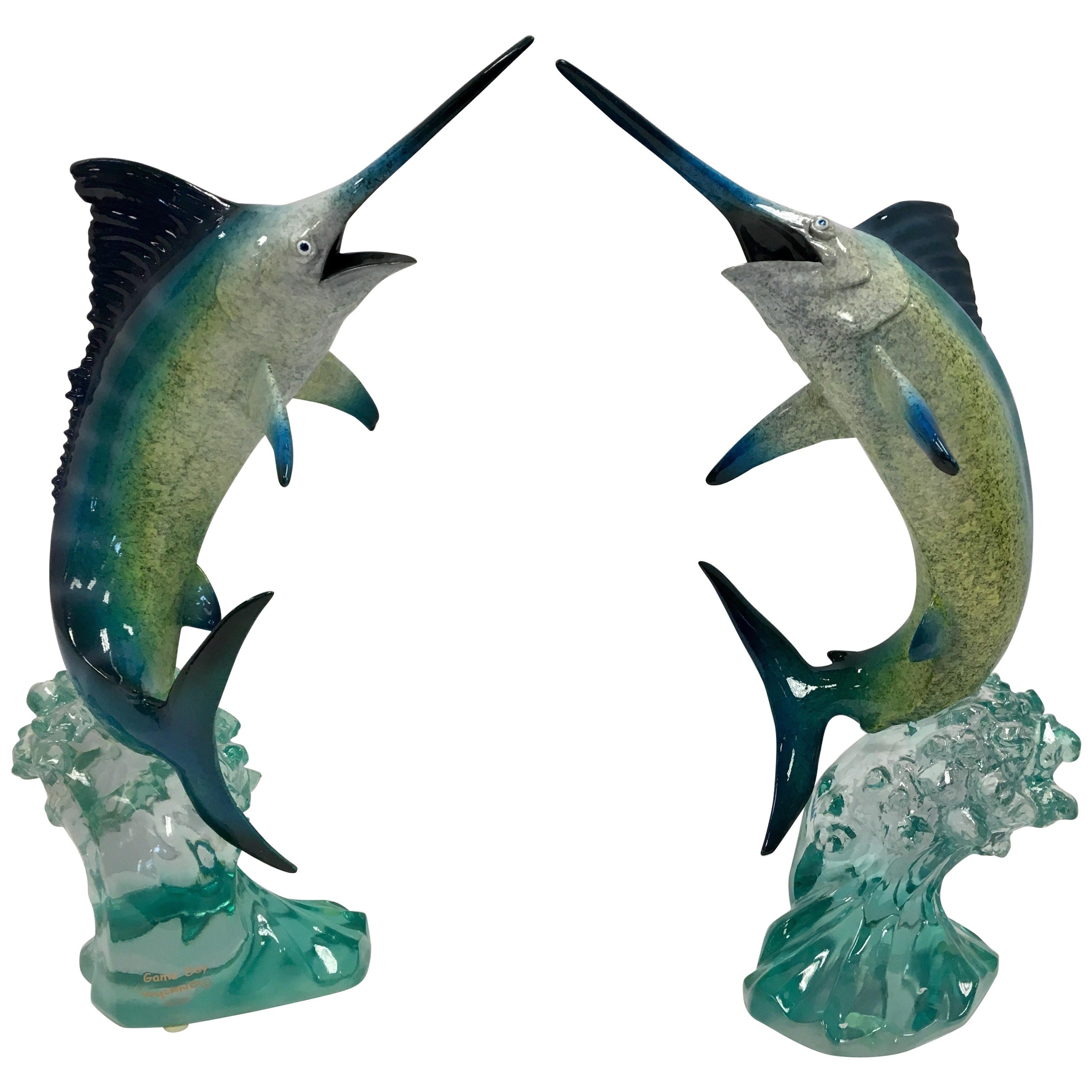 Pair of Matching Robert Wyland Lucite Marlin Sailfish Fish Sculptures