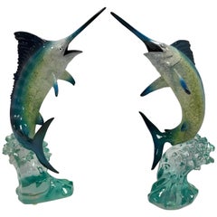 Used Pair of Matching Robert Wyland Lucite Marlin Sailfish Fish Sculptures