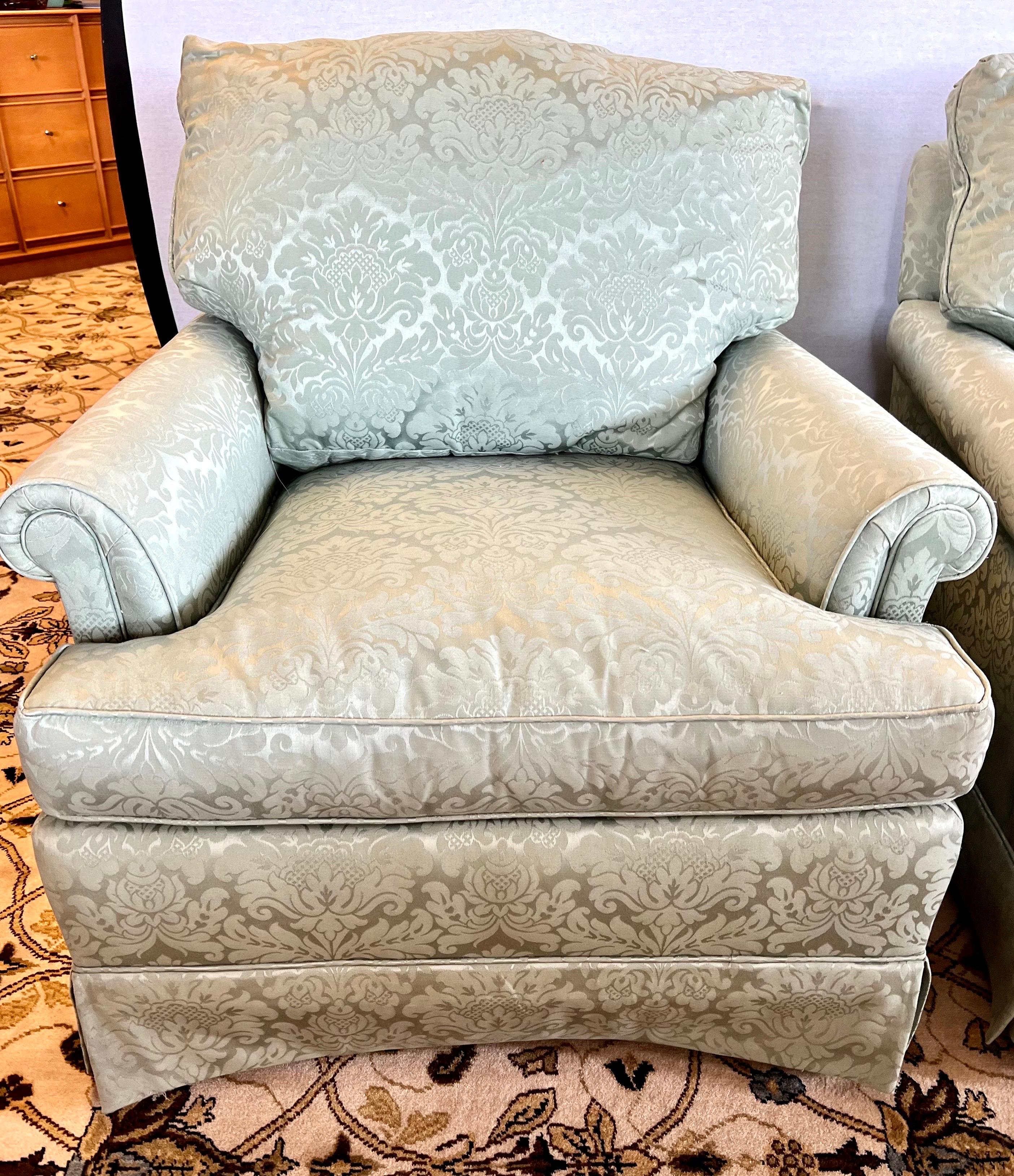 Elegant set of matching club chairs that sit beautifully and have great presence.
The fabric is the real showstopper, a seafoam blue damask. Great lines and better scale. Why not own the best?