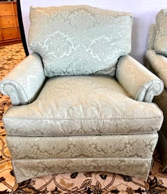 Pair of Matching Silk Damask Upholstered Club Chairs in Seafoam Blue Color