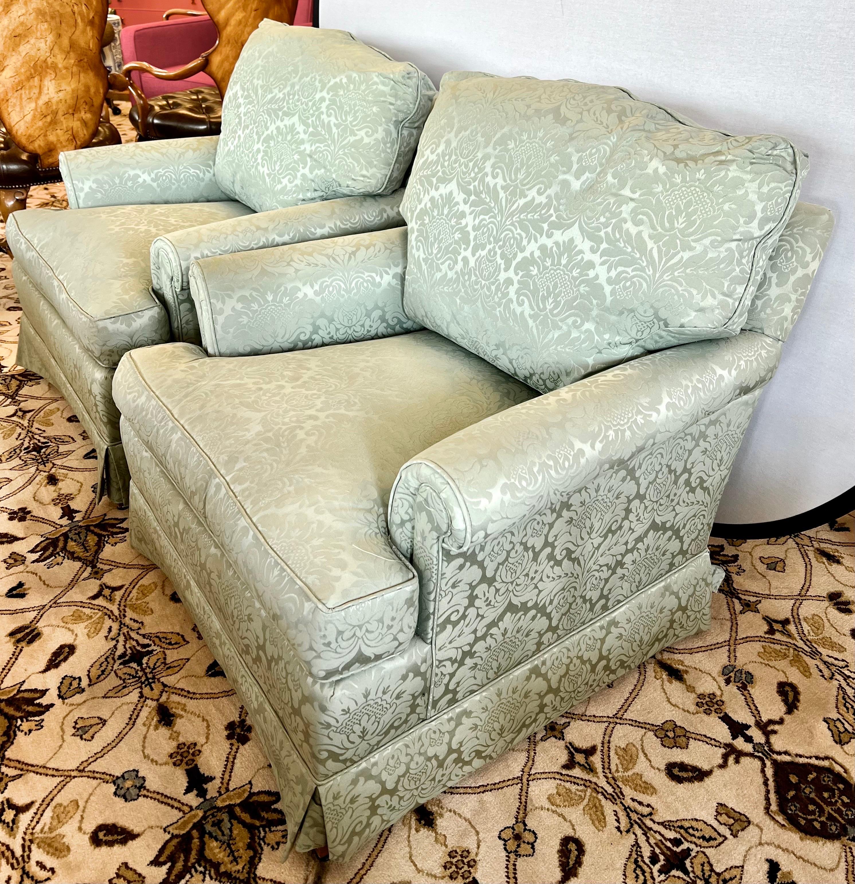 American Pair of Matching Silk Damask Upholstered Club Chairs in Seafoam Blue Color