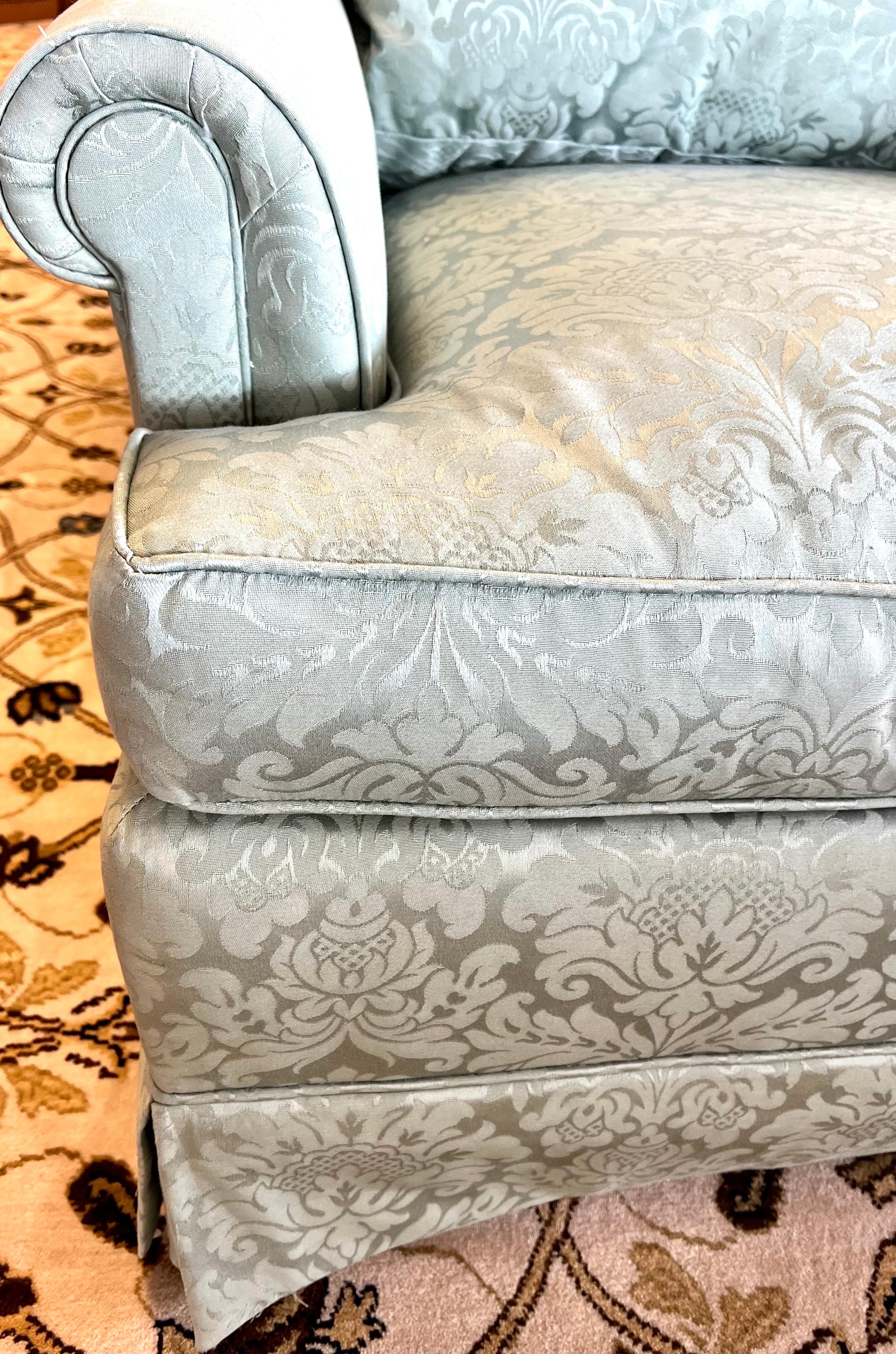 Pair of Matching Silk Damask Upholstered Club Chairs in Seafoam Blue Color In Good Condition In West Hartford, CT