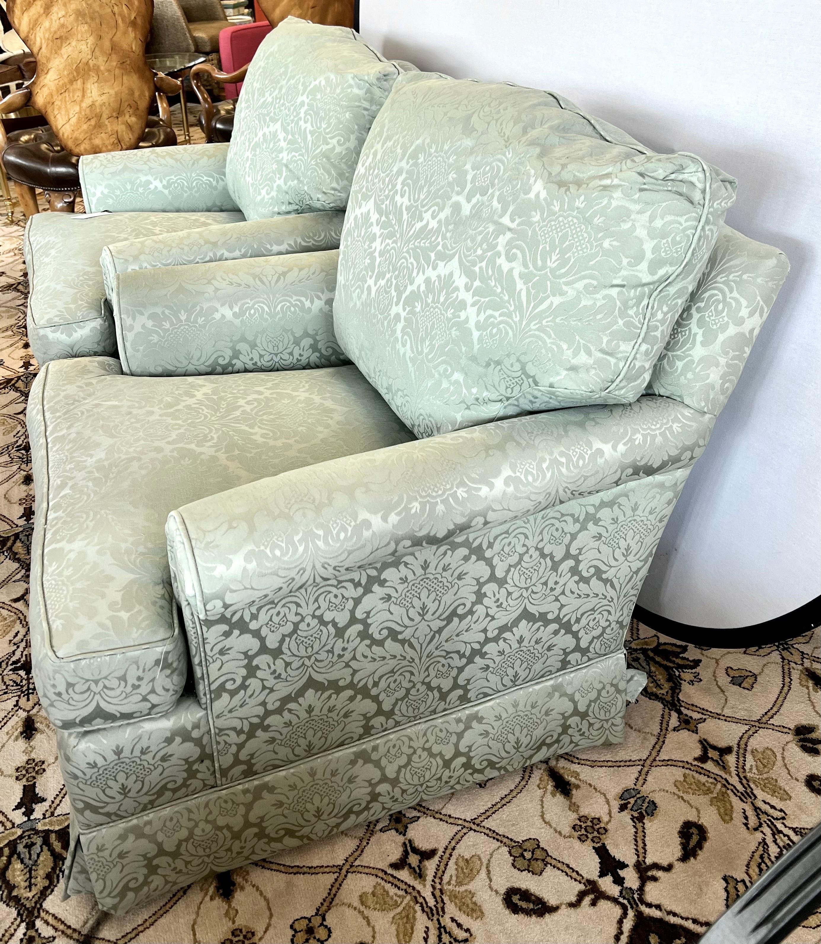 Contemporary Pair of Matching Silk Damask Upholstered Club Chairs in Seafoam Blue Color