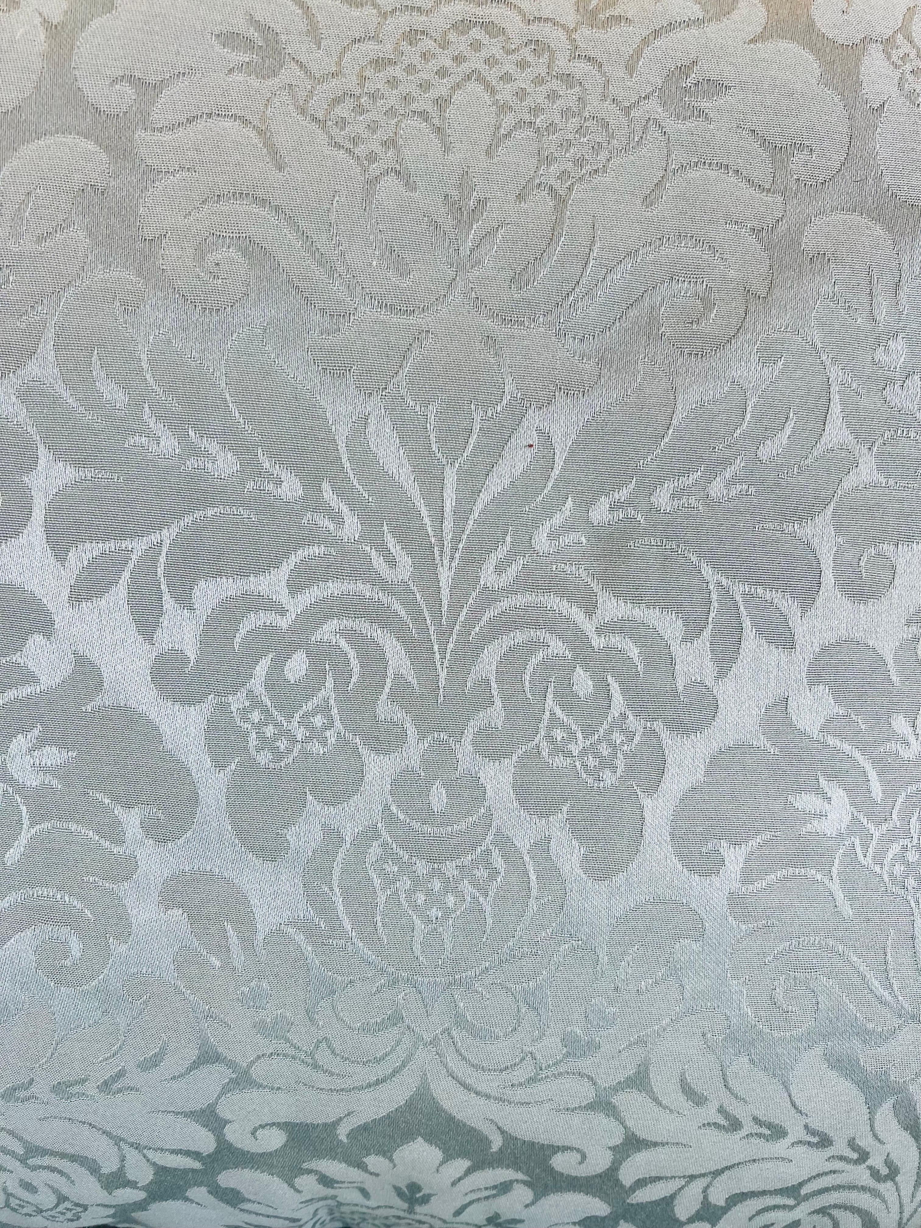Fabric Pair of Matching Silk Damask Upholstered Club Chairs in Seafoam Blue Color