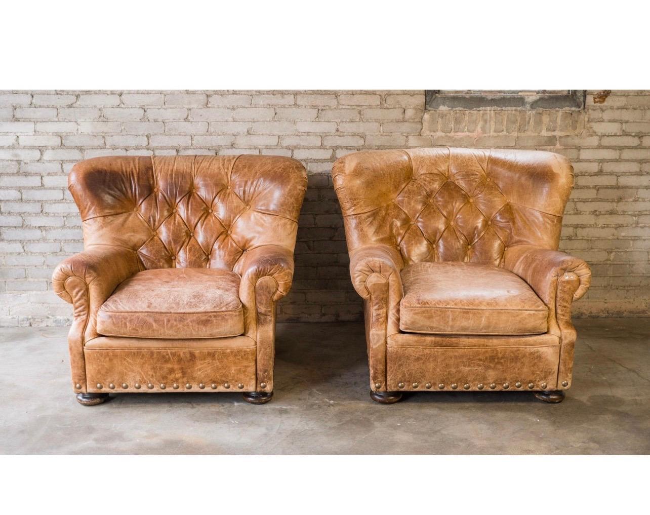 Pair of Matching Tufted Cigar Leather Wingback Writers Arm Chairs Armchairs 4