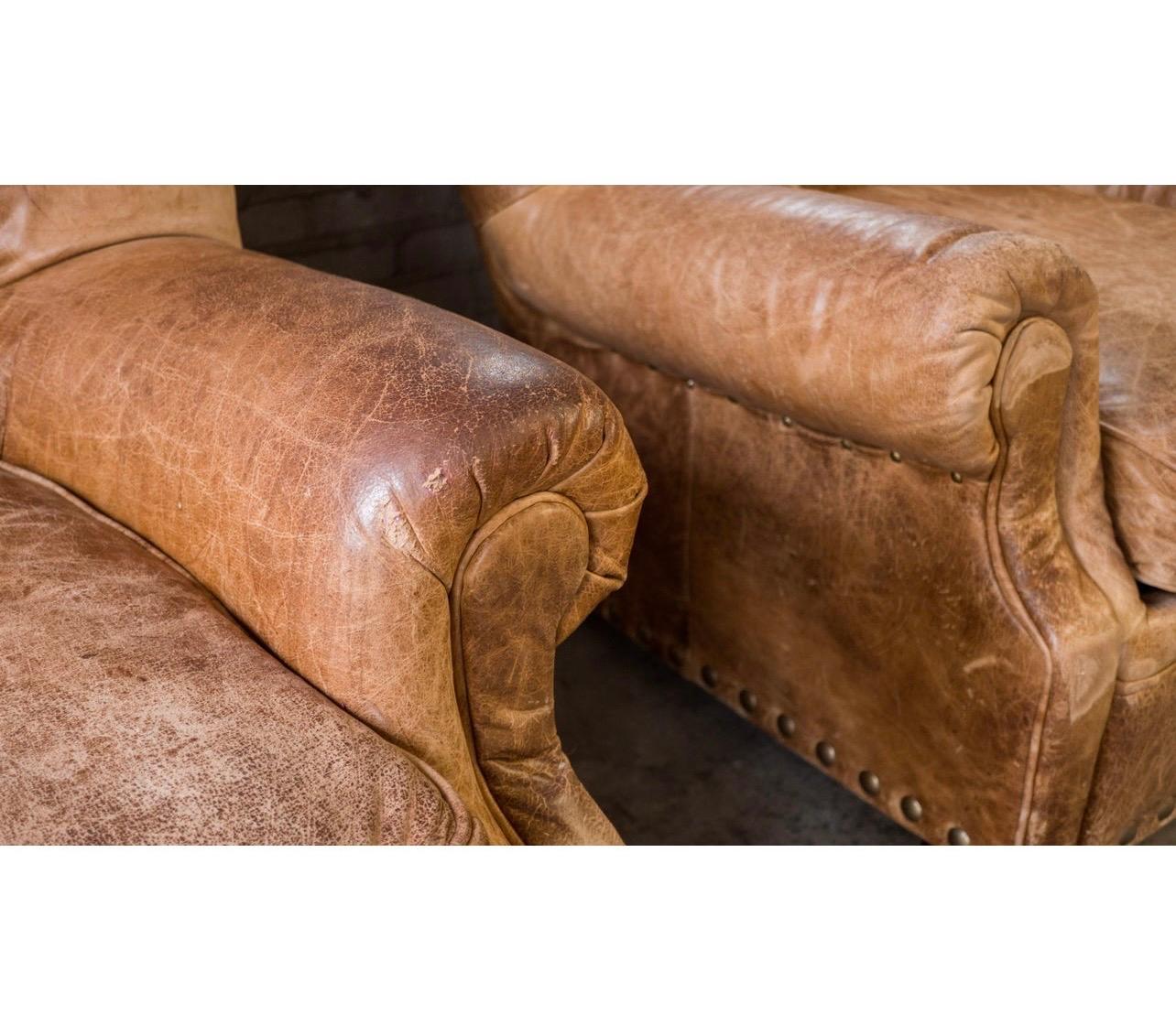 American Pair of Matching Tufted Cigar Leather Wingback Writers Arm Chairs Armchairs