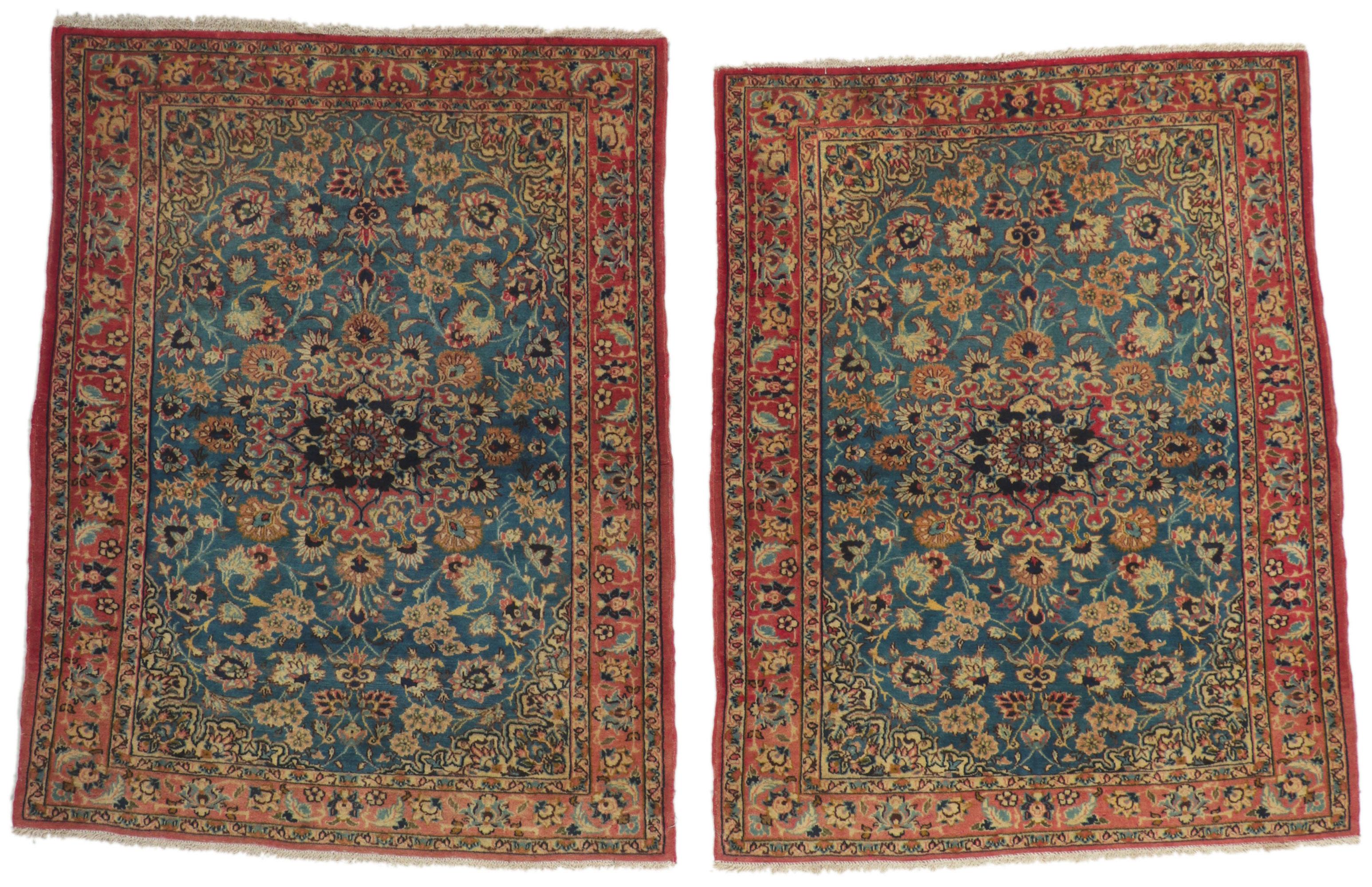 Hand-Knotted Pair of Matching Vintage Persian Isfahan Rugs For Sale