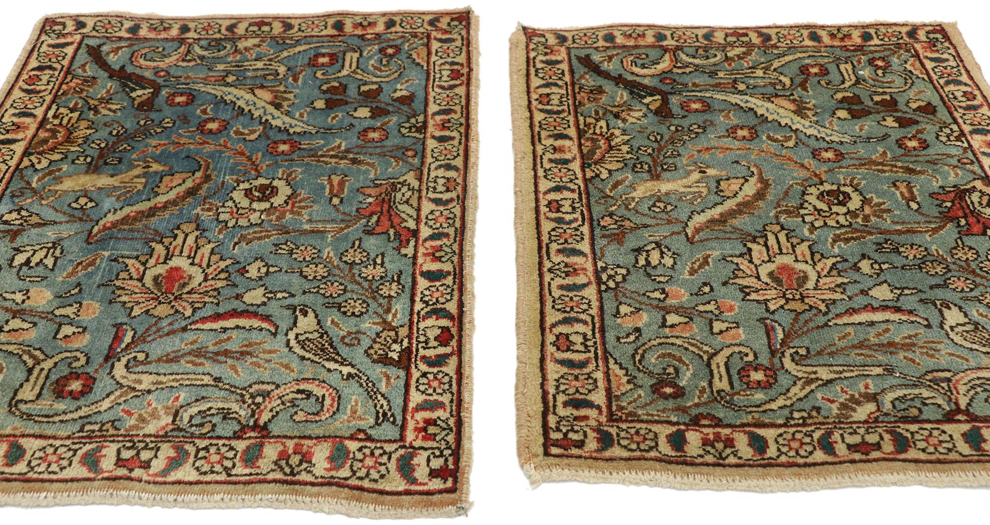 77429-77430 pair of matching vintage Persian Tabriz accent rugs. Regal and refined with a timeless design, this pair of matching vintage Persian Tabriz rugs are poised to impress. The abrashed cerulean field is covered in an all-over botanical