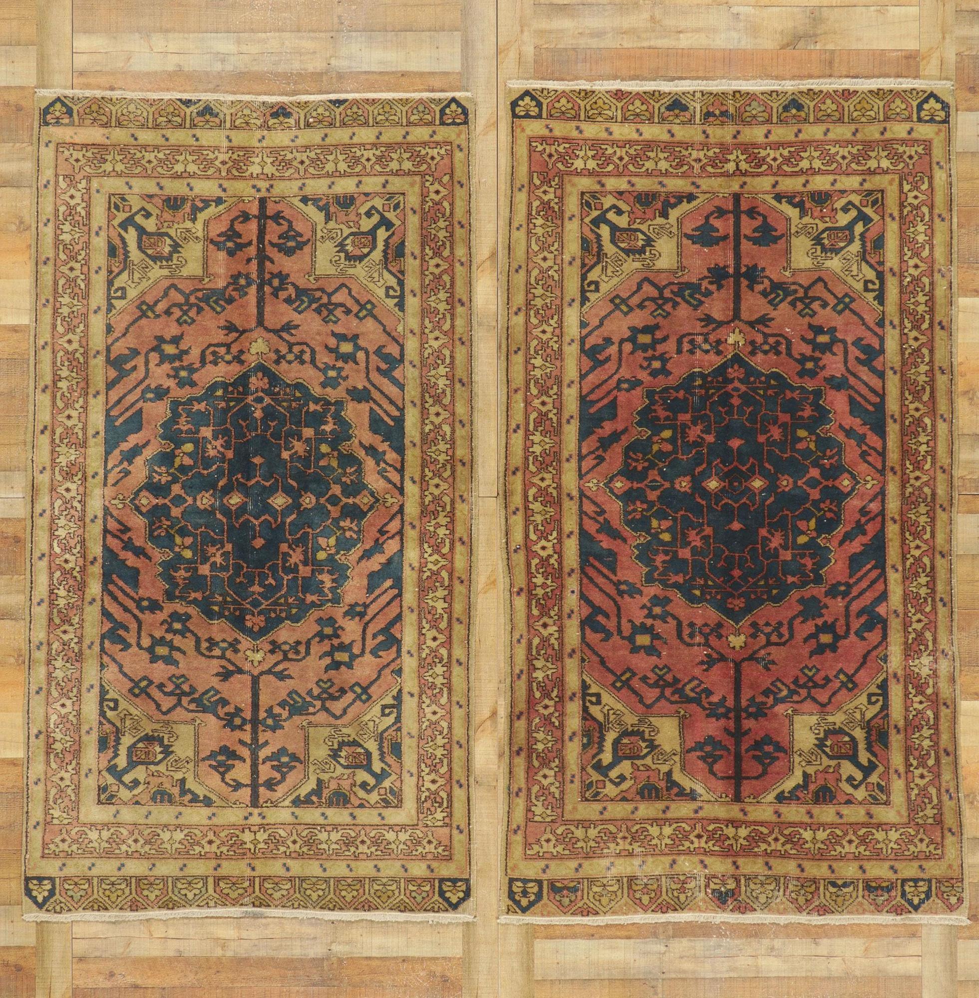 Pair of Matching Vintage Turkish Sivas Rugs with Rustic Earth-Tone Colors For Sale 8