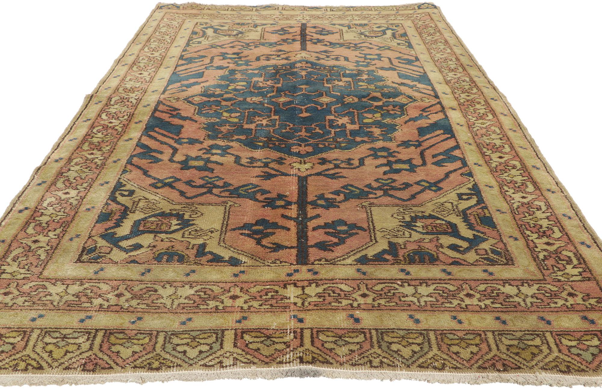 Pair of Matching Vintage Turkish Sivas Rugs with Rustic Earth-Tone Colors In Distressed Condition For Sale In Dallas, TX