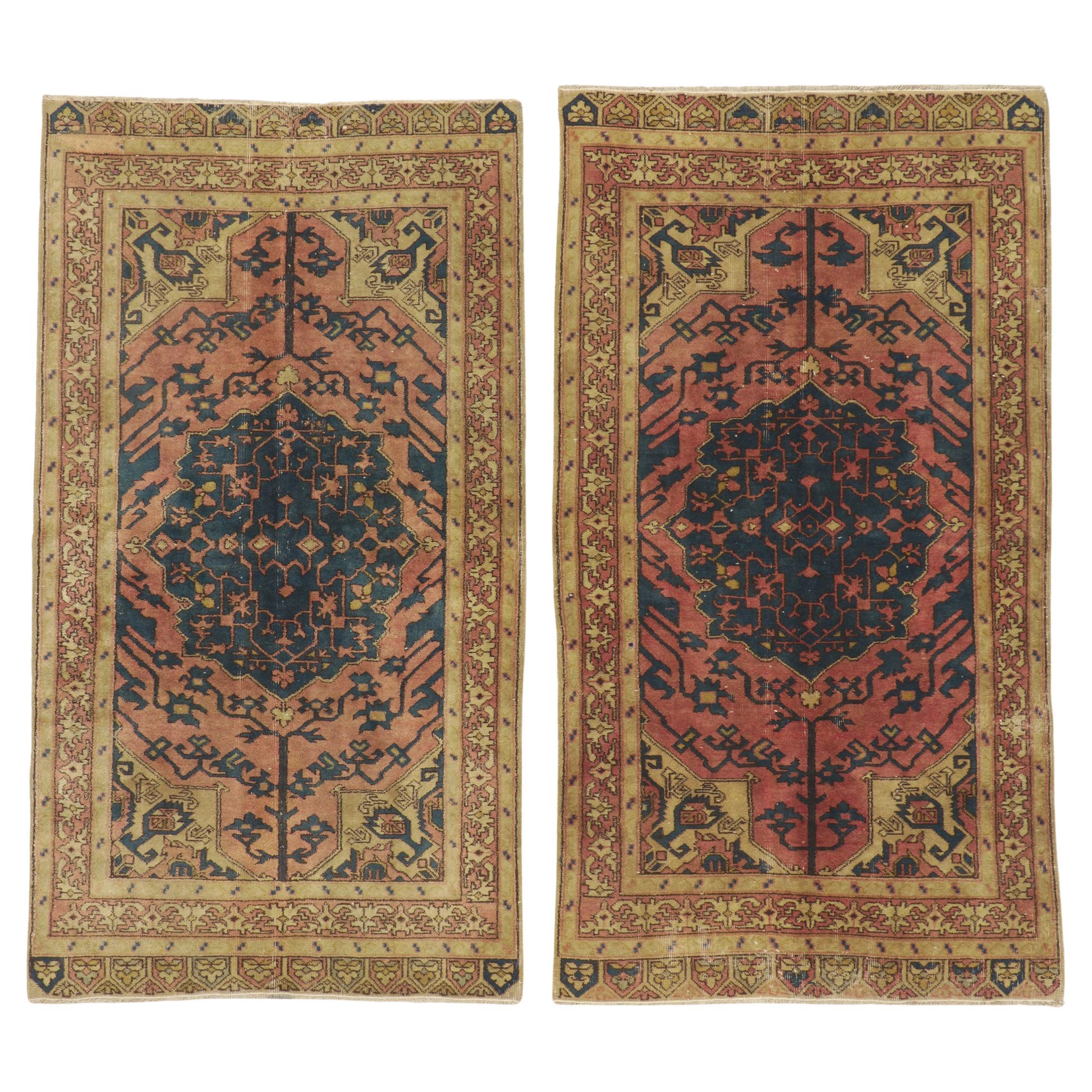 Pair of Matching Vintage Turkish Sivas Rugs with Rustic Earth-Tone Colors For Sale