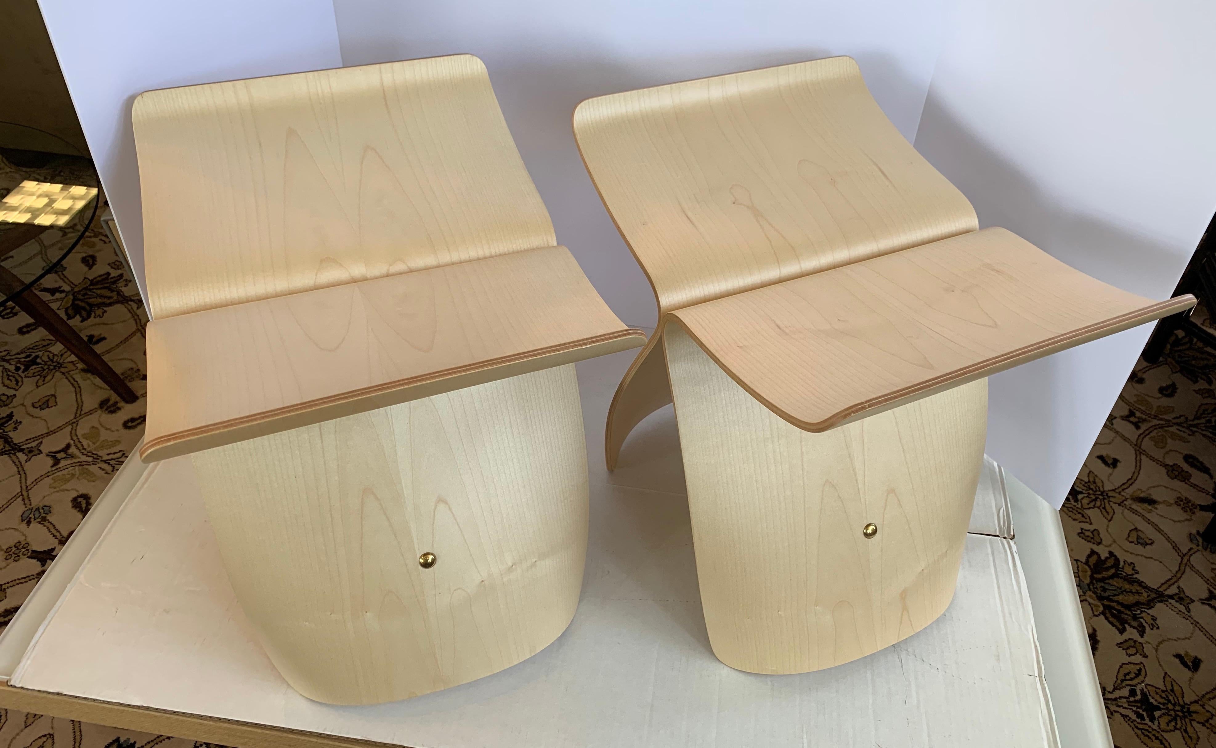 Swiss Pair of Matching Vitra Signed Butterfly Stools Stands in Maple by Sori Yanagi