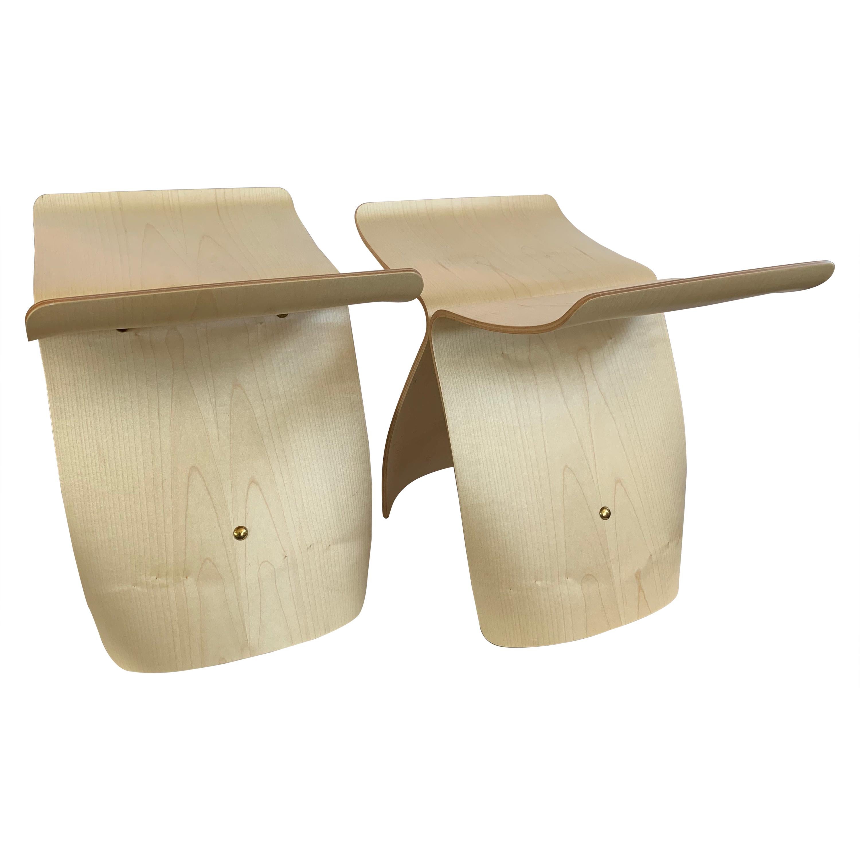 Pair of Matching Vitra Signed Butterfly Stools Stands in Maple by Sori Yanagi