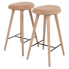 Pair of Mater Bar Stools in Oak and Natural Leather
