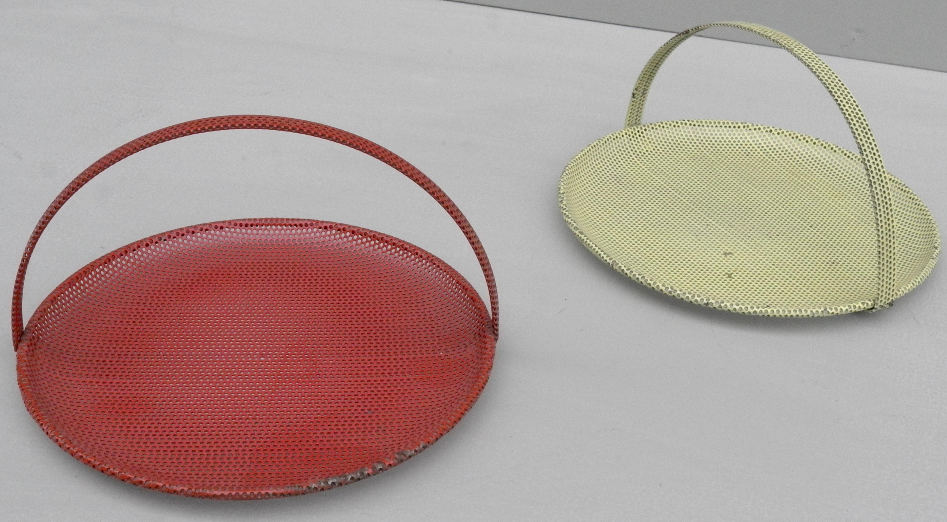 Pair of Mathieu Matégot Bonbonniere in red and yellow, France, 1950s.