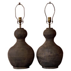 Pair of Matte-Black Double Gourd Han-Style Terracotta Lamps