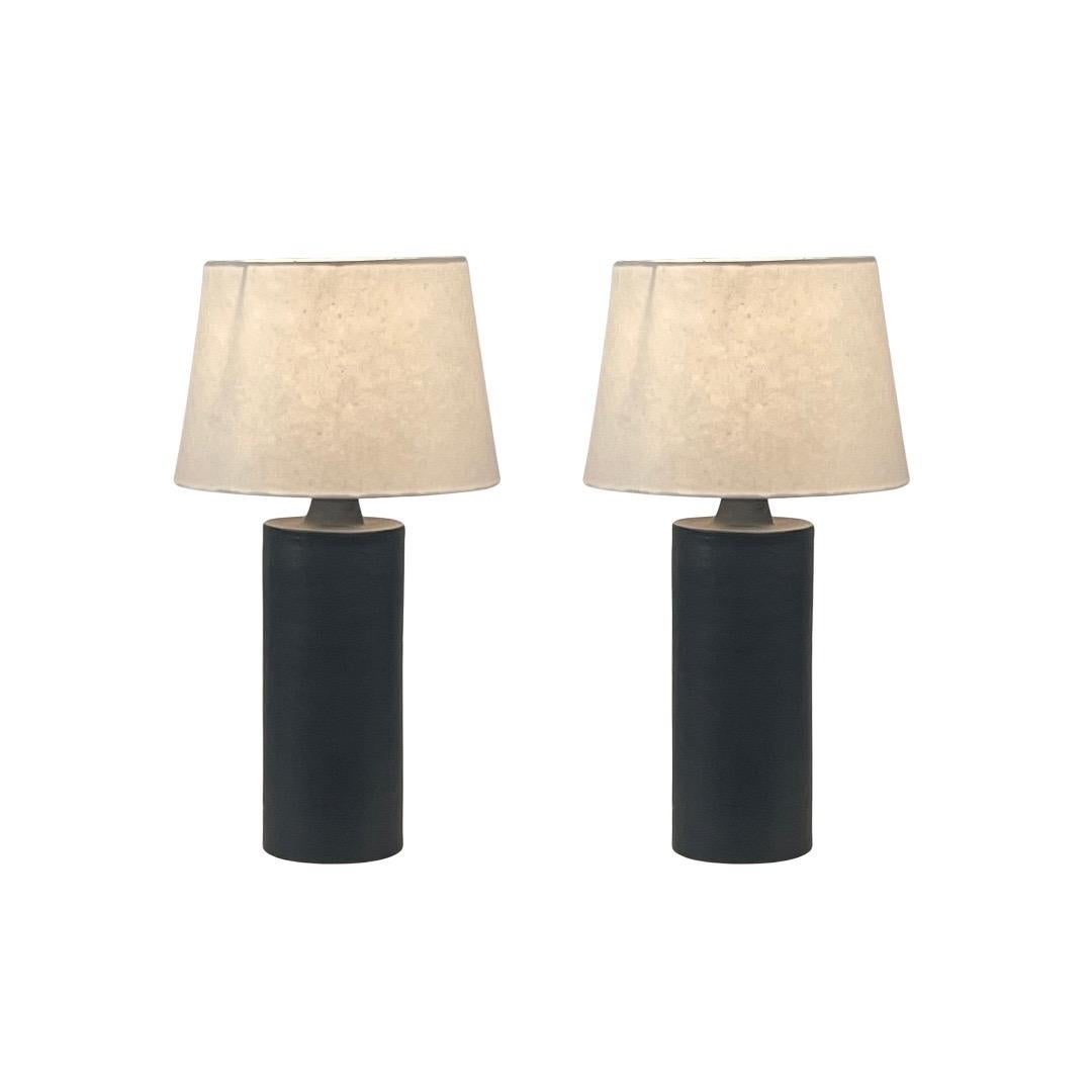 Pair of Matte Black 'Rouleau' Ceramic Table Lamps by Design Frères For Sale