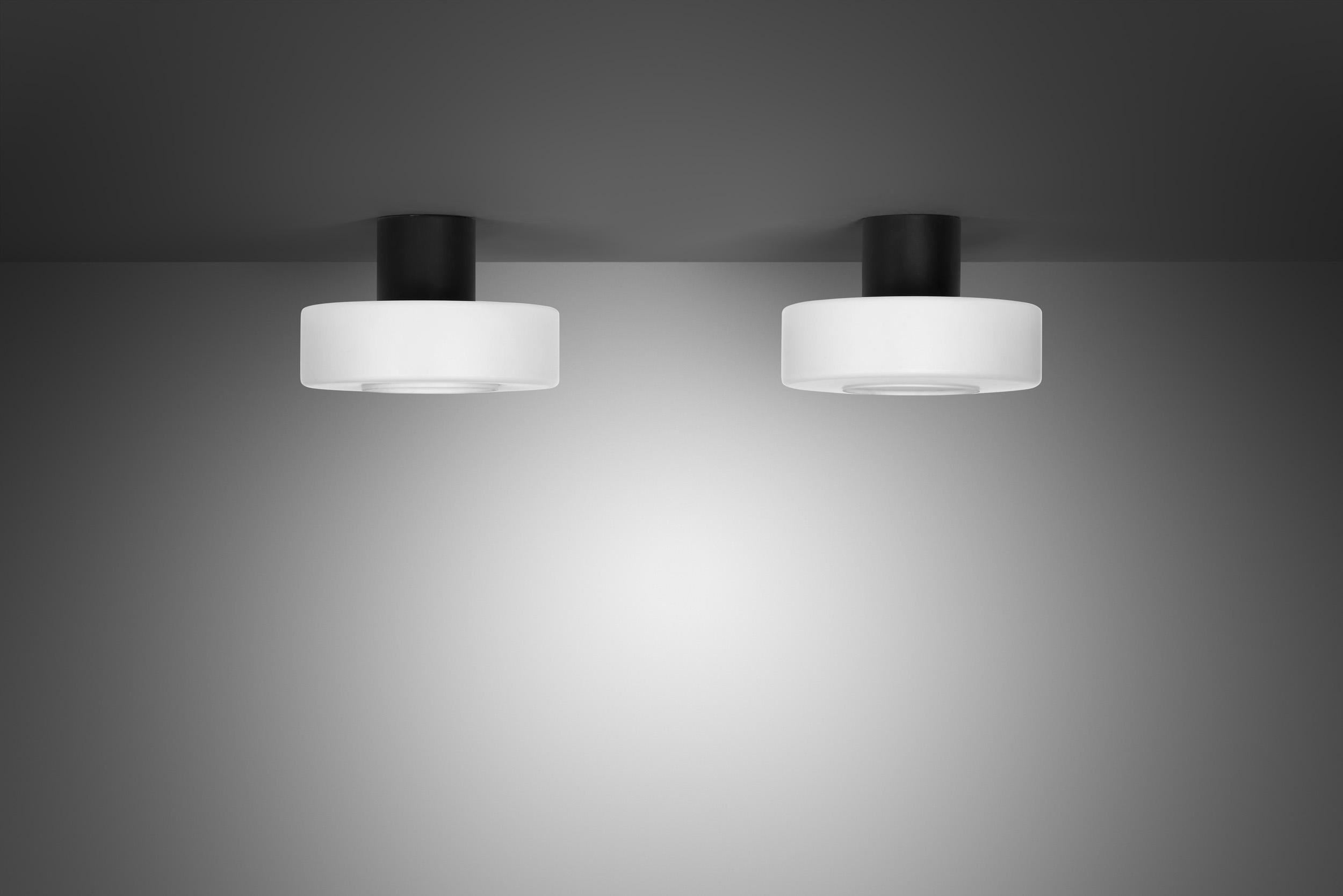 Mid-Century Modern Pair of Matte Opal Glass Ceiling Lamps, The Netherlands 1960s For Sale