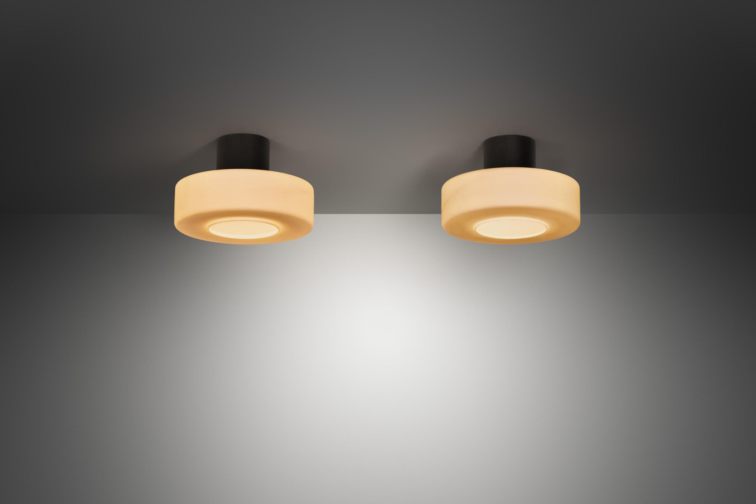 Dutch Pair of Matte Opal Glass Ceiling Lamps, The Netherlands 1960s For Sale