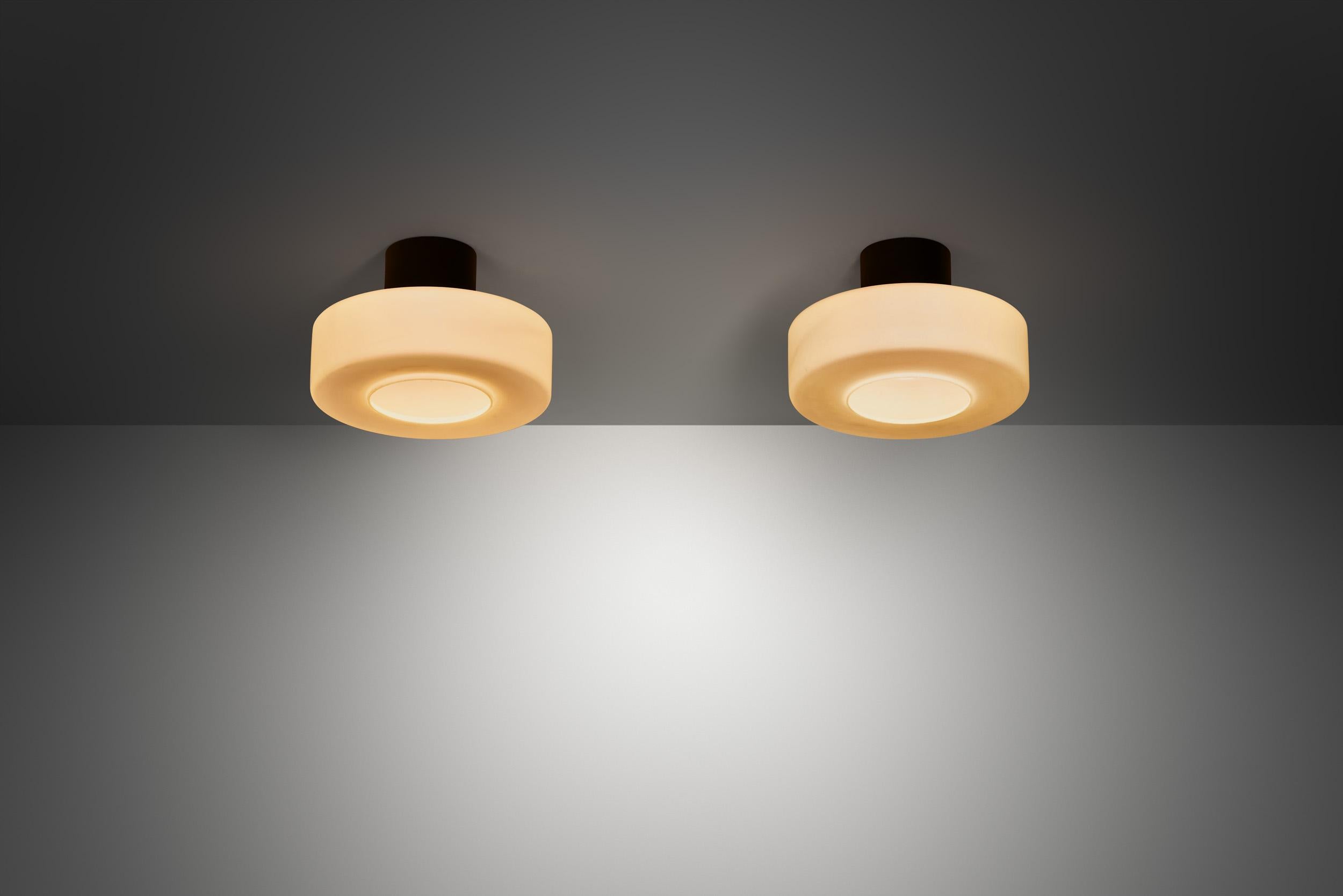 Mid-20th Century Pair of Matte Opal Glass Ceiling Lamps, The Netherlands 1960s For Sale