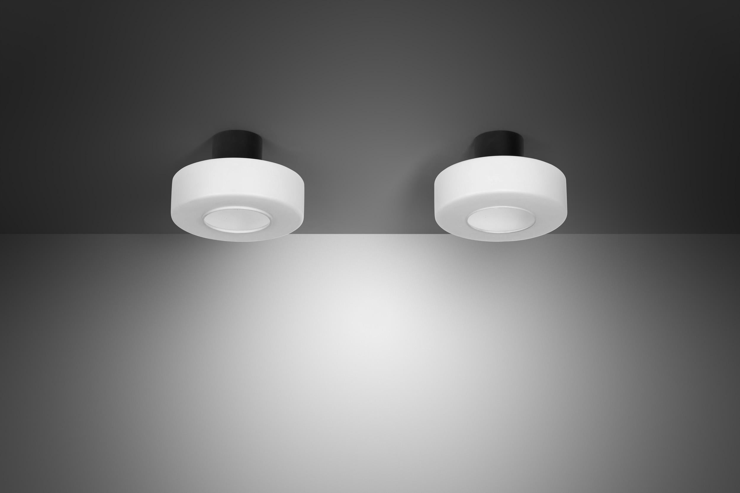 Metal Pair of Matte Opal Glass Ceiling Lamps, The Netherlands 1960s For Sale