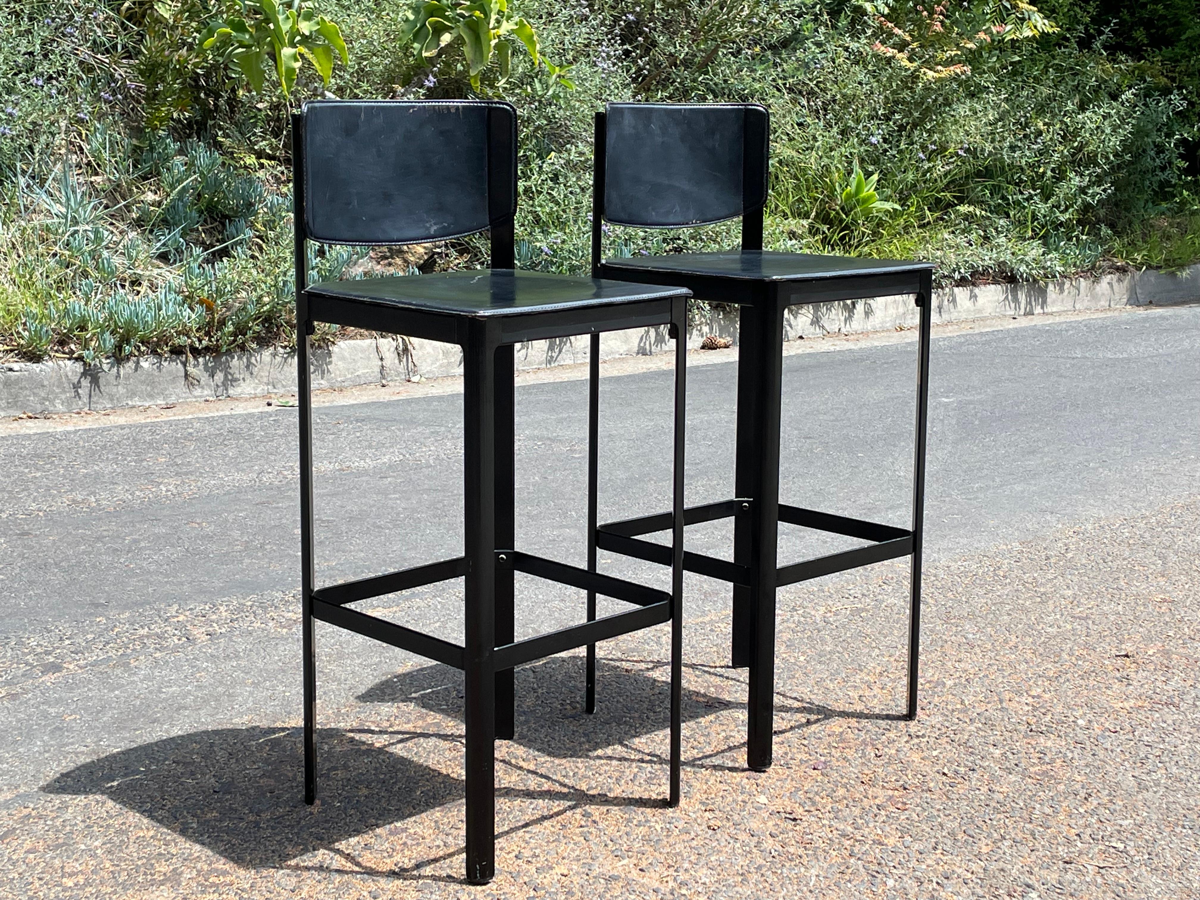 Pair of Matteo Grassi Bar Stools in Black Leather 4