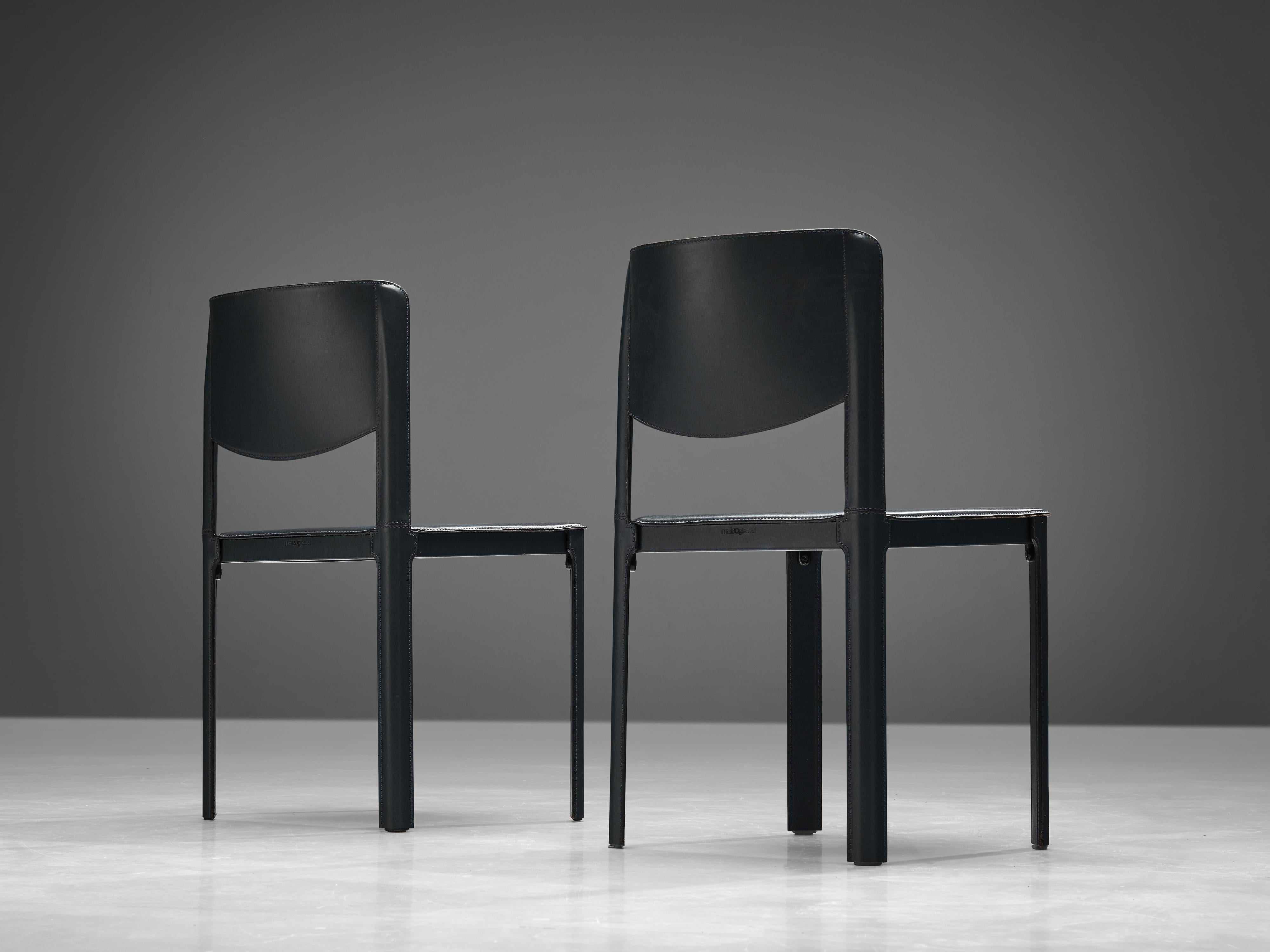 Italian Matteo Grassi Pair of Dining Chairs in Leather and Steel For Sale