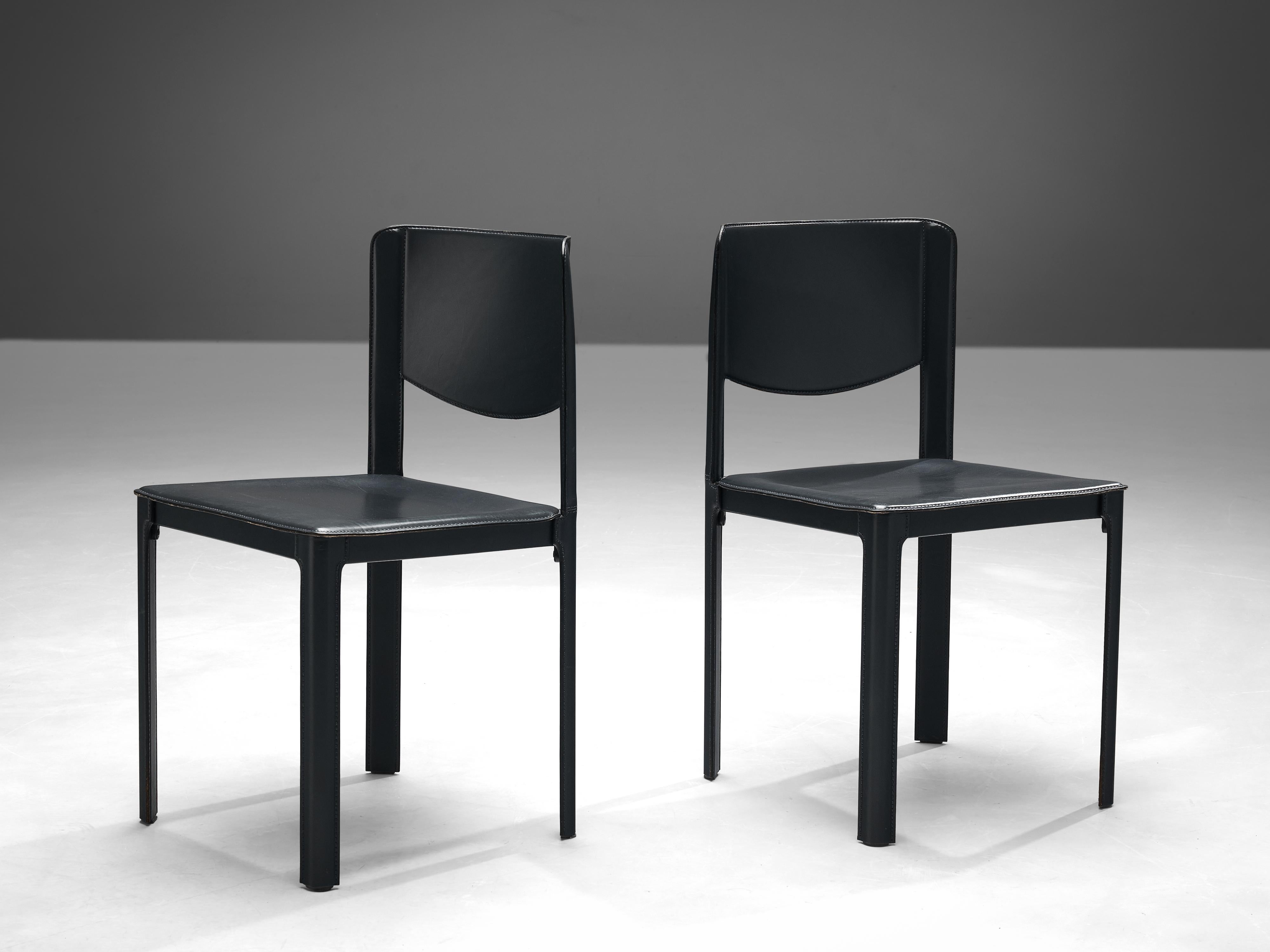 Italian Matteo Grassi Pair of Dining Chairs in Leather and Steel For Sale