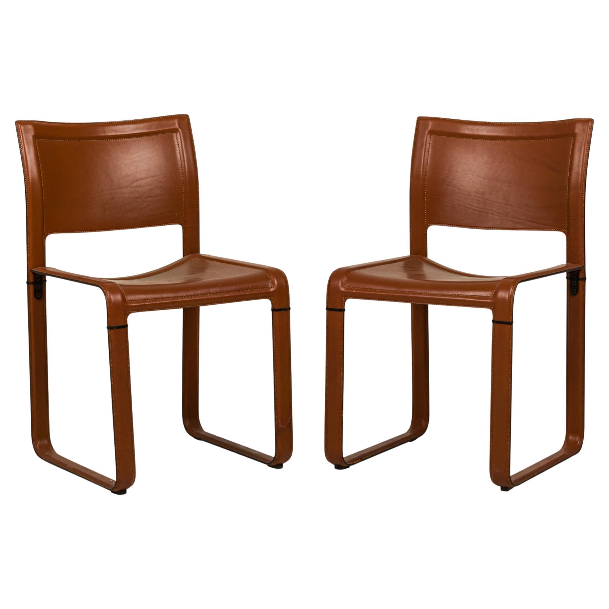 Pair of Matteo Grassi Italian Brown Leather-Wrapped Side Chairs For Sale